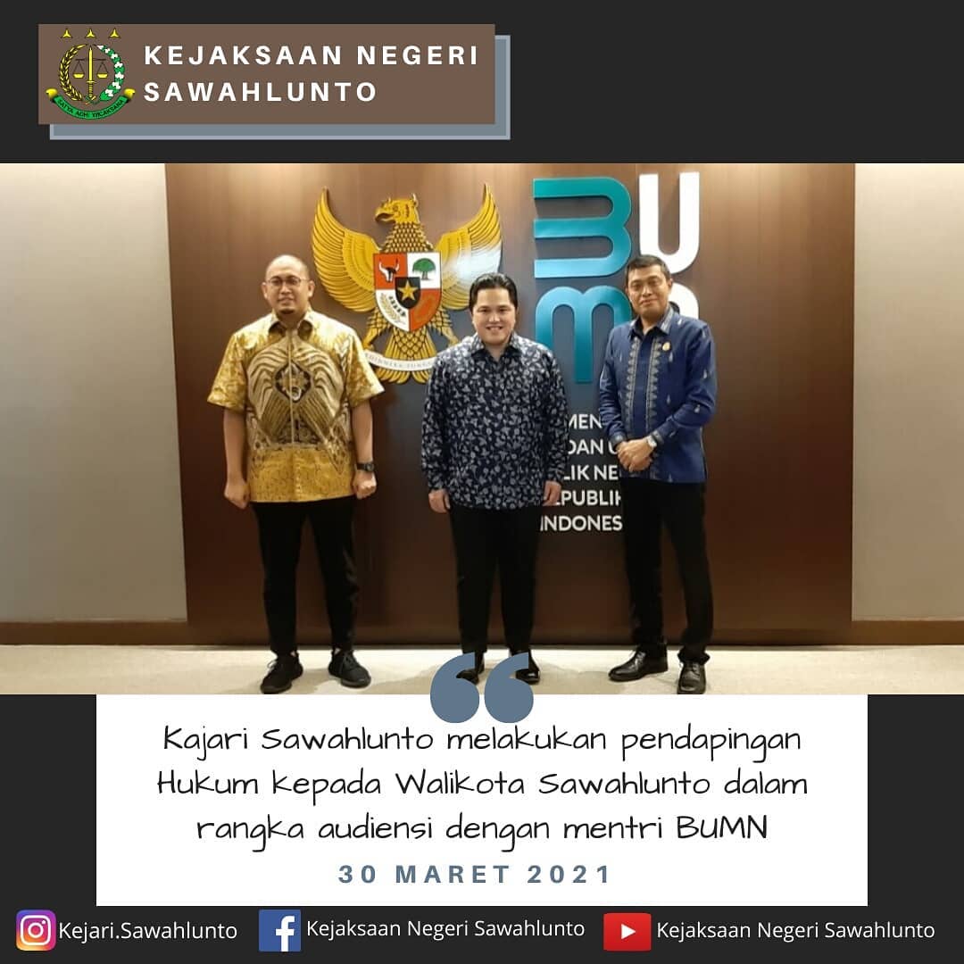 Kepala Kejaksaan Negeri sawahlunto Dr. ABDUL MUBIN, ST, SH, MH, melakukan pendampingan hukum kepada Walikota Sawah Lunto (Deri Asta, SH) dalam rangka Audiensi dengan Menteri BUMN terkait penyelesaian Lahan Pasca Tambang PT. Bukit Asam (PT. BA) Persero yang telah diserahkan kepada Pemerintah Kota  Sawah Lunto, dalam kesempatan tersebut juga hadir anggota  DPRD Kota Sawahlunto, Kepala Kantor Pertanahan Kota Sawahlunto, Ketua  LKAAM Kota Sawahlunto, dan beberapa kepada OPD Pemerintah Kota Sawahlunto terkait. Kegiatan tersebut dilaksanakan pada hari Selasa tanggal 30 Maret 2021 bertempat di Kantor Kementerian BUMN di Jalan Medan Merdeka Selatan No.13, Jakarta 10110, Indonesia....____Update terus informasi anda tentang Kejaksaan Negeri Sawahlunto terbaru di official account Instagram,Facebook dan Youtube kami !!..____FACEBOOK : Kejaksaan Negeri SawahluntoYOUTUBE : Kejakaaan Negeri Sawahlunto..________#KejaksaanRI#kejatisumbarnew#kejarisawahlunto - from Instagram