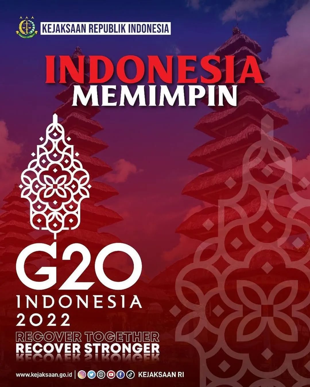 ...Gunungan dalam logo Presidensi#G20Indonesia merepresentasi semangatdan optimisme masyarakat Indonesia,khususnya untuk #PulihBersama daripandemi COVID-19 dan bersama-samabangkit untuk memasuki babak barukehidupan.Hal ini selaras dengan tema "RecoverTogether, Recover Stronger" yangdiharapkan dapat menjadi permulaan bagidunia untuk saling berkolaborasi danbergotong royong demi masa depan yanglebih baik. Ayo dukung Pelaksanaan G20 Indonesia Memimpin  #g20 #indonesiamemimpin #recovertogether #recoverstronger #jokowi #pulih#JaksaAgungRI #kejaksaanri #jaksaagung #jaksa #jaksaprofesional #jaksamenyapa #jaksasahabatmasyarakat #puspenkum #penkum #kejaksaantinggi #kejaksaannegeri #terusbergerakdanberkarya #adhyaksa #RestorativeJustice #RJ #trapsilaadhyaksa #banggamelayanibangsa @jokowi - from Instagram