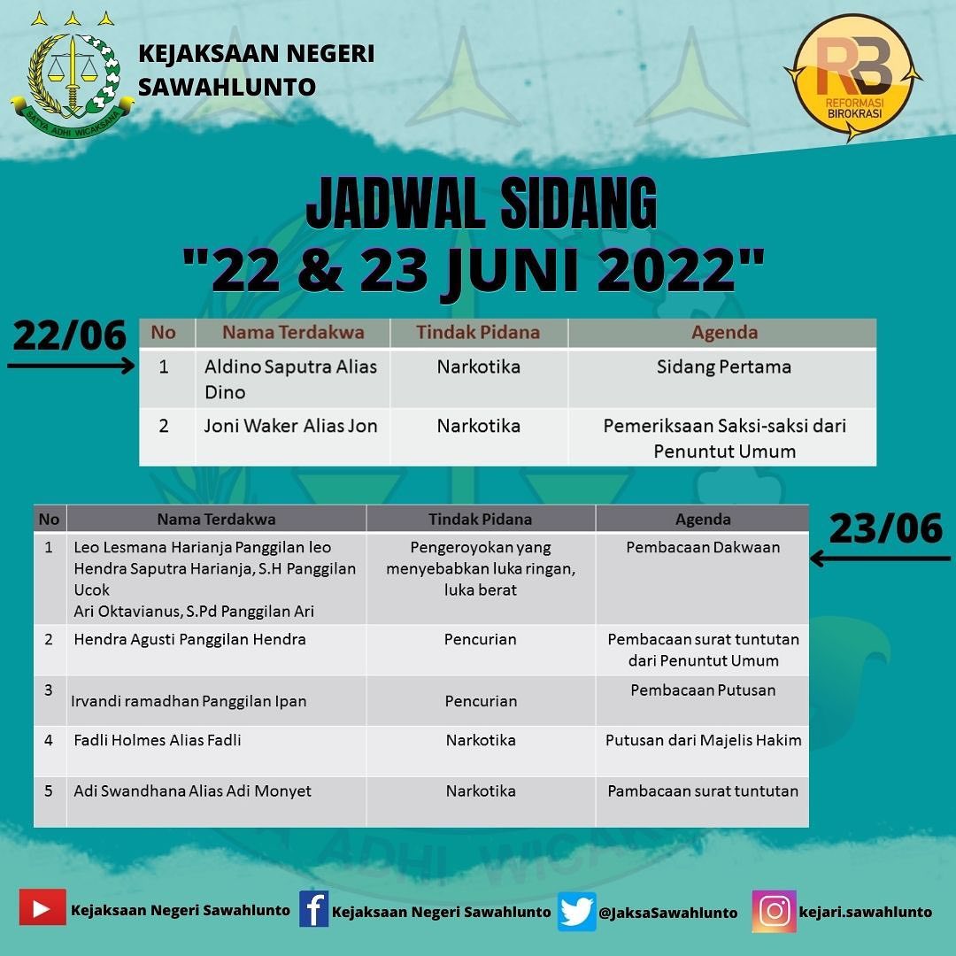 INFORMASI…Jadwal Sidang Kejaksaan Negeri Sawahlunto 22 & 23 Juni 2022.. - from Instagram