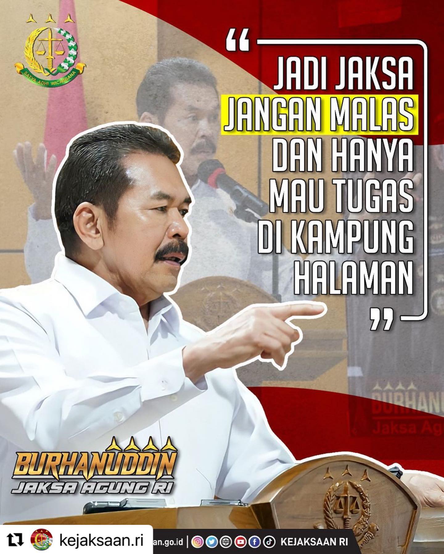 #Repost @kejaksaan.ri ・・・Jaksa Agung Sanitiar Burhanuddin meminta jajarannya di Korps Adhyaksa tidak takut bertugas di seluruh wilayah Indonesia.Burhanuddin menegaskan hal ini saat kunjungan kerja ke Provinsi Sumatera Barat.“Jadi jaksa jangan malas dan maunya hanya bertugas di rumah atau kampung sendiri,” kata Burhanuddin dalam kunjungan kerja di Padang, Sumatera Barat #JaksaAgungRI #kejaksaanri #jaksaagung #jaksa #jaksaprofesional #jaksamenyapa #jaksasahabatmasyarakat #puspenkum #penkum #kejaksaantinggi #kejaksaannegeri #terusbergerakdanberkarya #adhyaksa #trapsilaadhyaksa #banggamelayanibangsa #kepastianhukumhumanismenujupemulihanekonomi #jaksahumanis #jaksadicintaimasyarakat #cintaindonesia - from Instagram