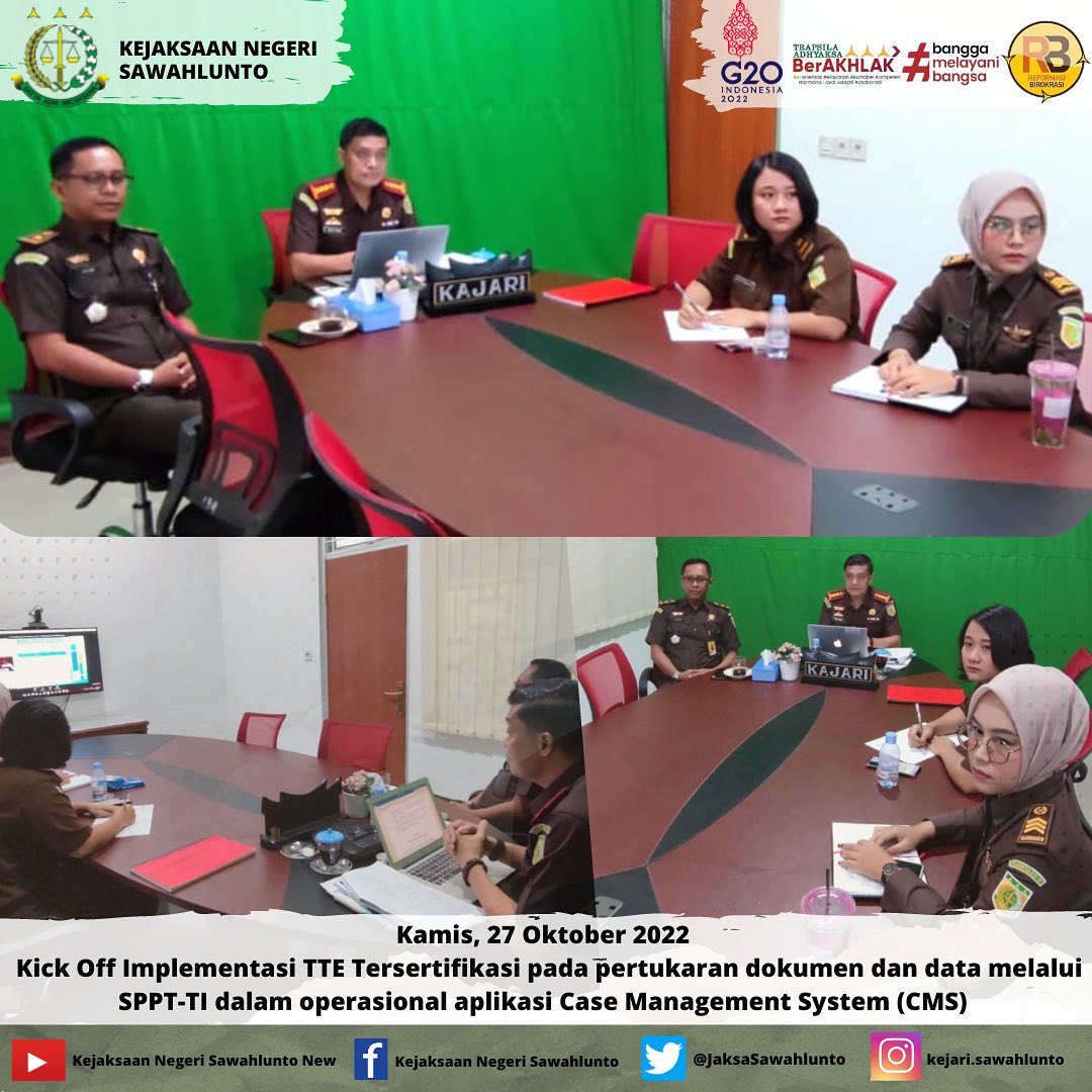 Kamis, 27 Oktober 2022Kegiatan Kick Off Implementasi TTE Tersertifikasi pada Pertukaran dokumen dan data melalui SPPT-TI dalam Operasional aplikasi Case Management System (CMS) ____Update informasi anda tentang Kejaksaan Negeri Sawahlunto terbaru di official account Instagram,Facebook dan Youtube kami !!..____FACEBOOK : Kejaksaan Negeri SawahluntoYOUTUBE : Kejakaaan Negeri Sawahlunto NewTWITTER : @JaksaSawahlunto..________#KejaksaanRI#kejatisumbarnew@kejatisumbarnew#kejarisawahlunto - from Instagram