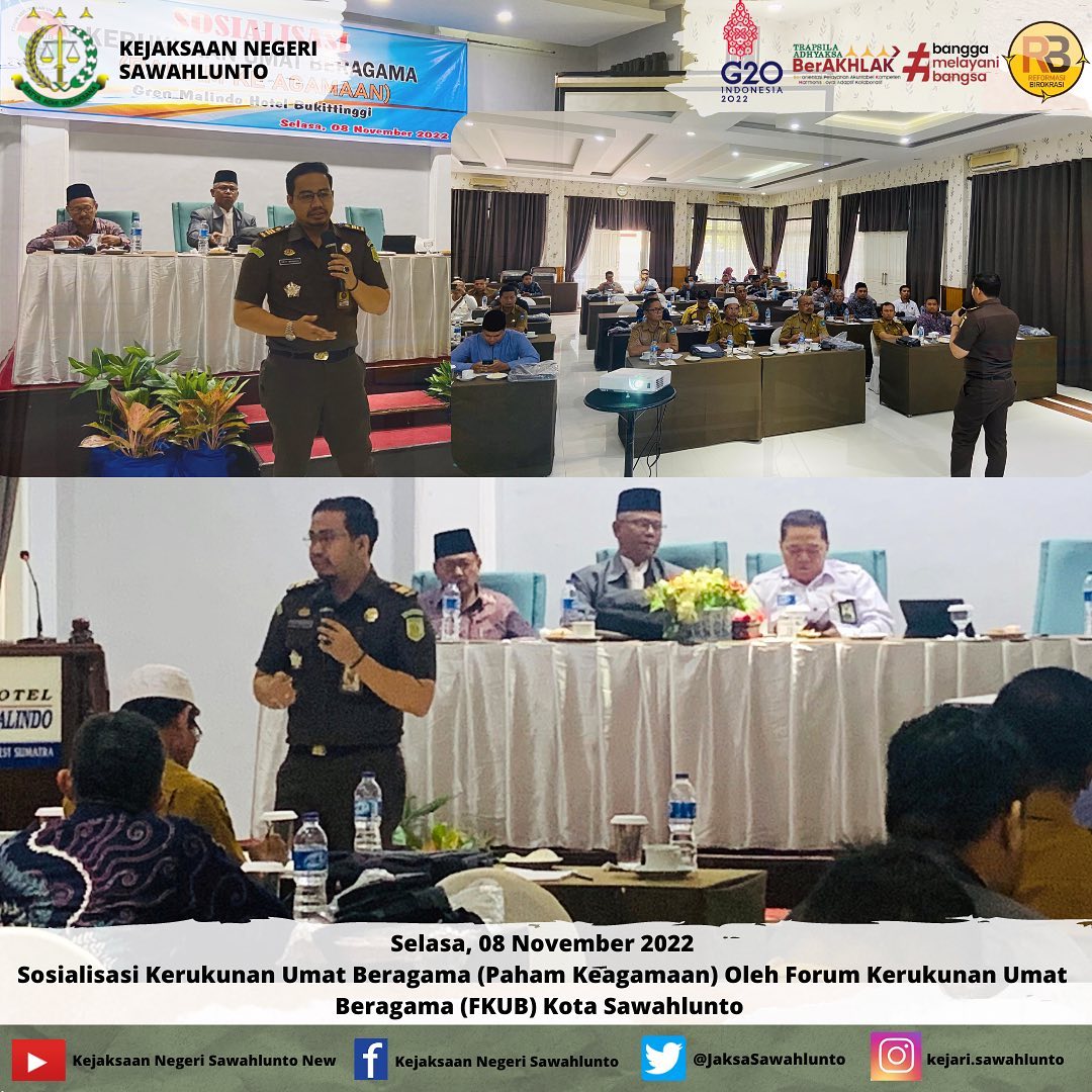 Selasa, 08 November 2022Kasi PB3R Ogy Fabrio Mandala,S.H mewakili kejaksaan negeri sawahlunto menjadi narasumber dalam kegiatan Sosialisasi Kerukunan Umat Beragama (Paham Keagamaan) oleh Forum Kerukunan Umat Beragama (FKUB) Kota Sawahlunto di Hotel Grand Malindo Bukittinggi____Update informasi anda tentang Kejaksaan Negeri Sawahlunto terbaru di official account Instagram,Facebook dan Youtube kami !!..____FACEBOOK : Kejaksaan Negeri SawahluntoYOUTUBE : Kejakaaan Negeri Sawahlunto NewTWITTER : @JaksaSawahlunto..________#KejaksaanRI#kejatisumbarnew@kejatisumbarnew#kejarisawahlunto - from Instagram