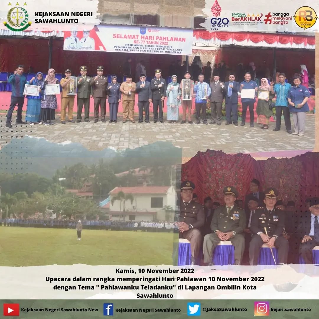 Kamis, 10 November 2022Upacara Peringatan Hari Pahlawan 10 November 2022 " Pahlawanku Teladanku" Di lapangan Ombilin Kota Sawahlunto..____Update terus informasi anda tentang Kejaksaan Negeri Sawahlunto terbaru di official account Instagram,Facebook dan Youtube kami !!..____🌐 kejari-sawahlunto.kejaksaan.go.idFACEBOOK : Kejaksaan Negeri SawahluntoYOUTUBE : Kejakaaan Negeri Sawahlunto NewTWITTER : @JaksaSawahlunto..________#KejaksaanRI#kejatisumbarnew@kejatisumbarnew#kejarisawahlunto - from Instagram