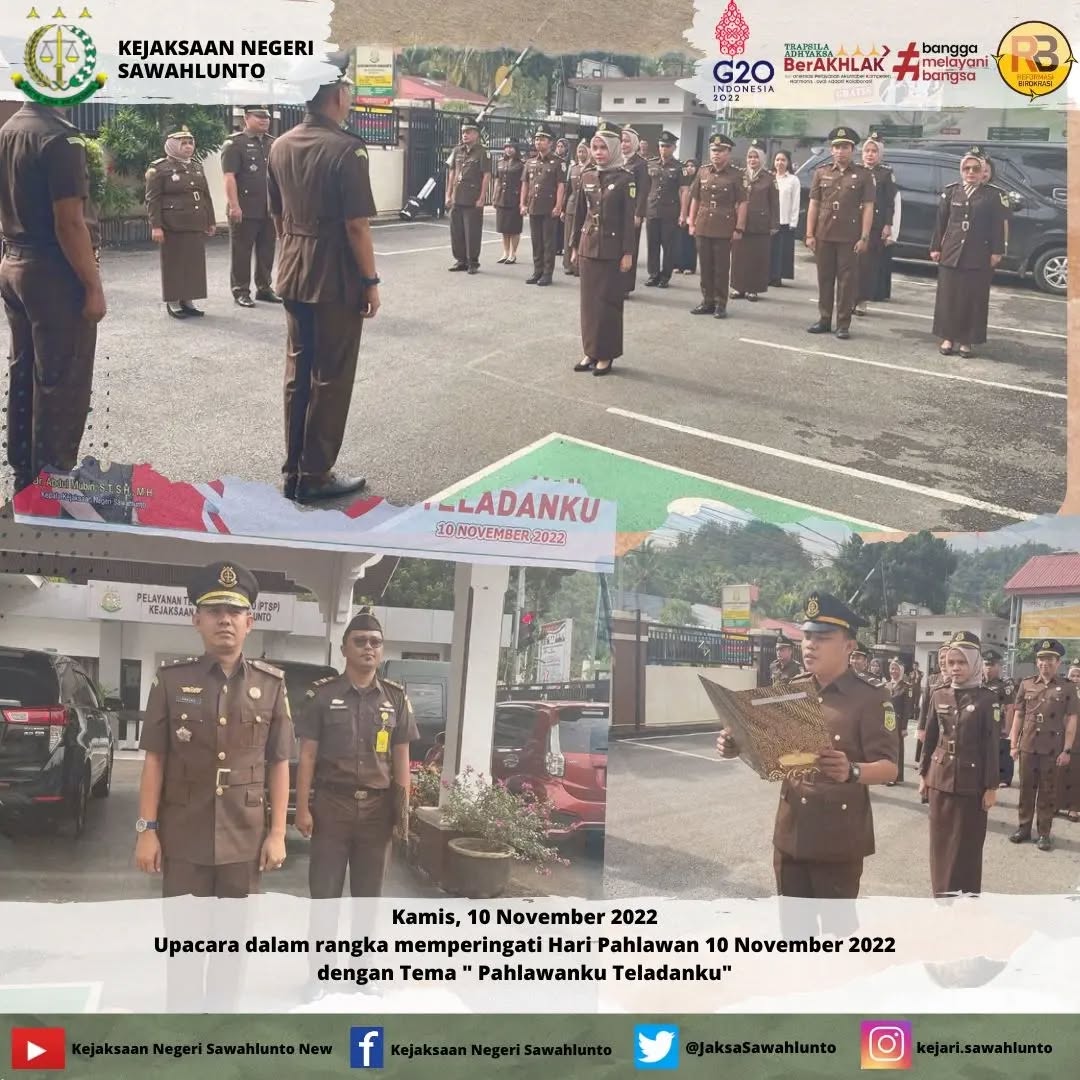 Kamis, 10 November 2022Upacara Peringatan Hari Pahlawan 10 November 2022 "Pahlawanku Teladanku" Di lapangan Kantor Kejaksaan Negeri Sawahlunto..____Update terus informasi anda tentang Kejaksaan Negeri Sawahlunto terbaru di official account Instagram,Facebook dan Youtube kami !!..____🌐 kejari-sawahlunto.kejaksaan.go.idFACEBOOK : Kejaksaan Negeri SawahluntoYOUTUBE : Kejakaaan Negeri Sawahlunto NewTWITTER : @JaksaSawahlunto..________#KejaksaanRI#kejatisumbarnew@kejatisumbarnew#kejarisawahlunto - from Instagram
