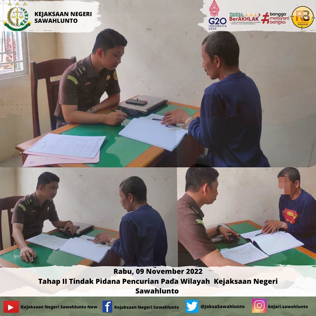Rabu, 09 November 2022Tahap II perkara tindak pidana Pencurian pada wilayah hukum kejaksaan negeri sawahlunto oleh jaksa penuntut umum.____Update terus informasi anda tentang Kejaksaan Negeri Sawahlunto terbaru di official account Instagram,Facebook dan Youtube kami !!..____FACEBOOK : Kejaksaan Negeri SawahluntoYOUTUBE : Kejakaaan Negeri Sawahlunto NewTWITTER : @JaksaSawahlunto..________#KejaksaanRI#kejatisumbarnew@kejatisumbarnew#kejarisawahlunto - from Instagram