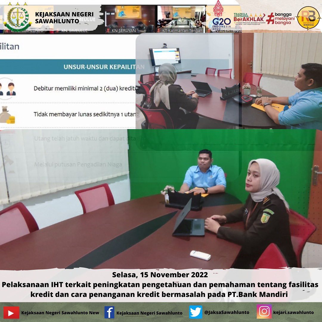 Selasa, 15 November 2022Pelaksanaan IHT terkait peningkatan pengetahuan dan pemahaman tentang fasilitas kredit dan cara penanganan kredit bermasalah pada PT.Bank Mandiri oleh kasi datun dan staf datun kejaksaan negeri sawahlunto.____Update informasi anda tentang Kejaksaan Negeri Sawahlunto terbaru di official account Instagram,Facebook dan Youtube kami !!..____FACEBOOK : Kejaksaan Negeri SawahluntoYOUTUBE : Kejakaaan Negeri Sawahlunto NewTWITTER : @JaksaSawahlunto..________#KejaksaanRI#kejatisumbarnew@kejatisumbarnew#kejarisawahlunto - from Instagram