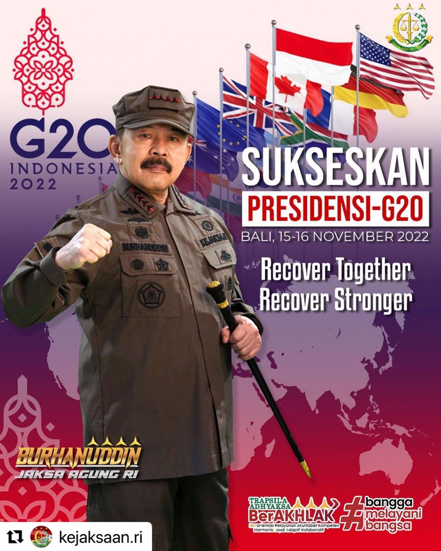 #Repost @kejaksaan.ri ・・・Presidensi G20 Indonesia dengan puncak acara yakni KTT G20 akan diselenggarakan di Bali pada 15-16 November 2022. Acara ini akan dihadiri oleh para pemimpin-pemimpin negara di dunia.Jaksa Agung Republik Indonesia turut mendukung dan mensukseskan Penyelenggaraan KTT G20 di Provinsi Bali. Recover Together, Recover Stronger! - from Instagram