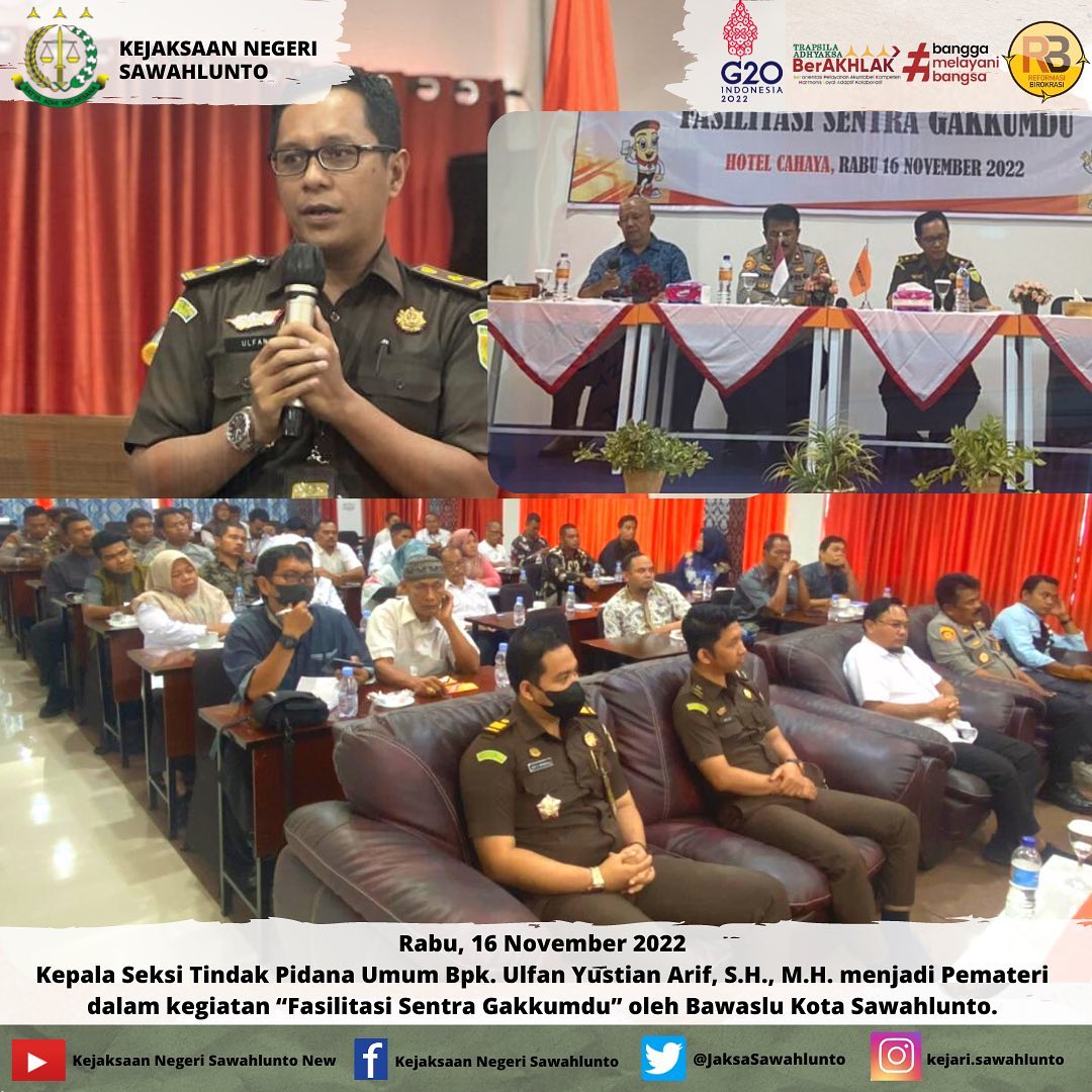 Rabu, 16 November 2022 Kepala Seksi Tindak Pidana Umum Bpk. Ulfan Yustian Arif, S.H., M.H. menjadi Pemateri dalam kegiatan “Fasilitasi Sentra Gakkumdu” oleh Bawaslu Kota Sawahlunto dengan materi “ Pelanggaran dan Tindak Pidana Pemilu” yang dihadiri oleh Tim Gakkumdu Kota Sawahlunto serta Panwascam se-Kota Sawahlunto.____Update informasi anda tentang Kejaksaan Negeri Sawahlunto terbaru di official account Instagram,Facebook dan Youtube kami !!..____FACEBOOK : Kejaksaan Negeri SawahluntoYOUTUBE : Kejakaaan Negeri Sawahlunto NewTWITTER : @JaksaSawahlunto..________#KejaksaanRI#kejatisumbarnew@kejatisumbarnew#kejarisawahlunto - from Instagram