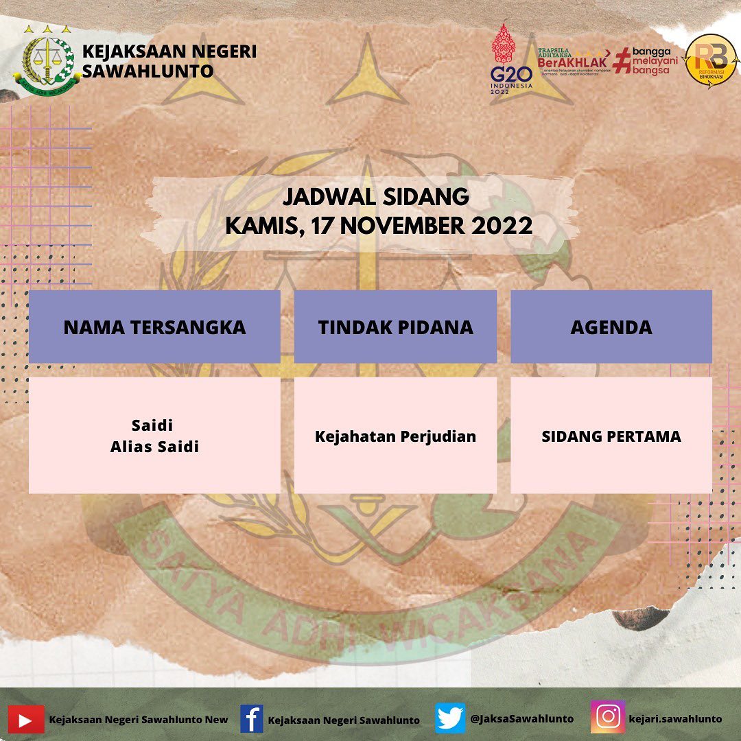 INFORMASI…Jadwal Sidang Kejaksaan Negeri Sawahlunto Kamis, 17 November 2022..____Update terus informasi anda tentang Kejaksaan Negeri Sawahlunto terbaru di official account Instagram,Facebook dan Youtube kami !!..____FACEBOOK : Kejaksaan Negeri SawahluntoYOUTUBE : Kejakaaan Negeri Sawahlunto NewTWITTER : @JaksaSawahlunto..________#KejaksaanRI#kejatisumbarnew@kejatisumbarnew#kejarisawahlunto - from Instagram