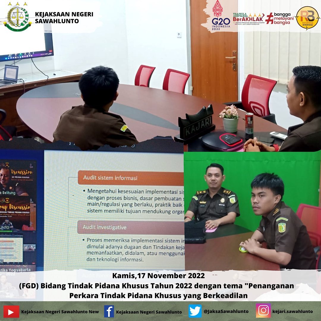 Kamis, 17 November 2022Kasi Pidsus Bapak Andiko,S.H beserta Staff Pidsus mengikuti FGD Bidang Tindak Pidana Khusus Tahun 2022 dengan tema “Penanganan Perkara Tindak Pidana Khusus yang Berkeadilan” melalui zoom meeting.____Update informasi anda tentang Kejaksaan Negeri Sawahlunto terbaru di official account Instagram,Facebook dan Youtube kami !!..____FACEBOOK : Kejaksaan Negeri SawahluntoYOUTUBE : Kejakaaan Negeri Sawahlunto NewTWITTER : @JaksaSawahlunto..________#KejaksaanRI#kejatisumbarnew@kejatisumbarnew#kejarisawahlunto - from Instagram