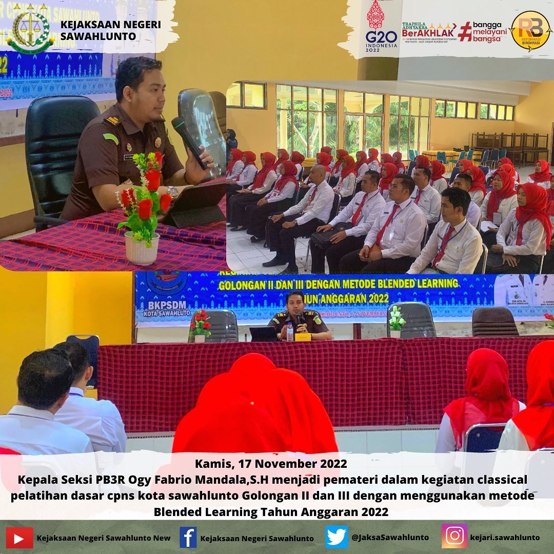 Kamis, 17 November 2022 Kepala Seksi PB3R Ogy Fabrio Mandala,S.H menjadi pemateri dalam kegiatan classical pelatihan dasar cpns kota sawahlunto Golongan II dan III dengan menggunakan metode Blended Learning Tahun Anggaran 2022.____Update informasi anda tentang Kejaksaan Negeri Sawahlunto terbaru di official account Instagram,Facebook dan Youtube kami !!..____FACEBOOK : Kejaksaan Negeri SawahluntoYOUTUBE : Kejakaaan Negeri Sawahlunto NewTWITTER : @JaksaSawahlunto..________#KejaksaanRI#kejatisumbarnew@kejatisumbarnew#kejarisawahlunto - from Instagram