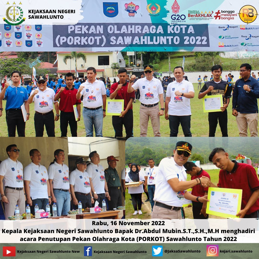 Rabu, 16 November 2022Kepala Kejaksaan Negeri Sawahlunto Bapak Dr.Abdul Mubin.S.T.,S.H.,M.H menghadiri acara Penutupan Pekan Olahraga Kota (PORKOT) Sawahlunto Tahun 2022.____Update informasi anda tentang Kejaksaan Negeri Sawahlunto terbaru di official account Instagram,Facebook dan Youtube kami !!..____FACEBOOK : Kejaksaan Negeri SawahluntoYOUTUBE : Kejakaaan Negeri Sawahlunto NewTWITTER : @JaksaSawahlunto..________#KejaksaanRI#kejatisumbarnew@kejatisumbarnew#kejarisawahlunto - from Instagram