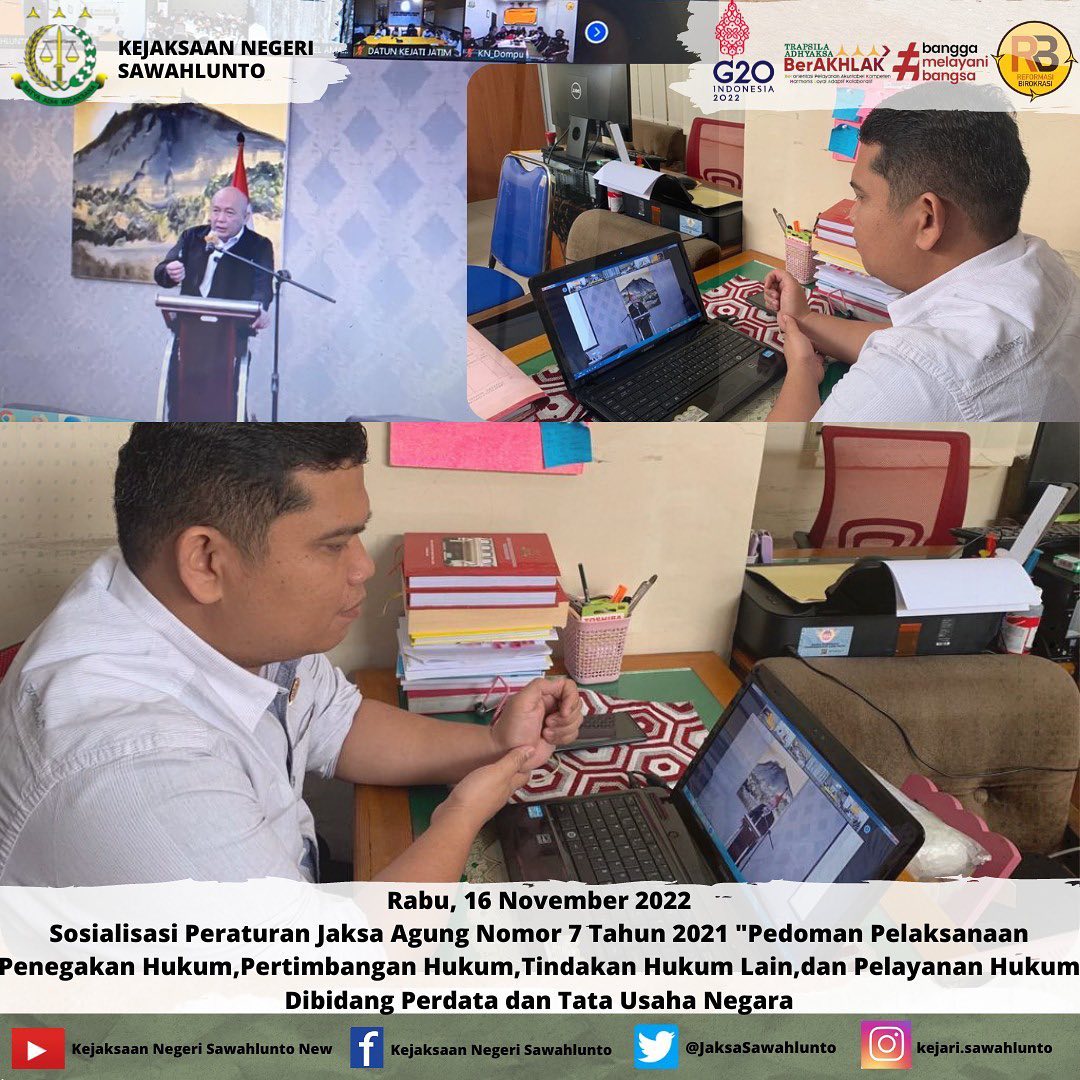 Rabu, 16 November 2022Sosialisasi Peraturan Jaksa Agung Nomor 7 Tahun 2021 "Pedoman Pelaksanaan Penegakan Hukum,Pertimbangan Hukum,Tindakan Hukum Lain,dan Pelayanan Hukum Dibidang Perdata dan Tata Usaha Negara____Update informasi anda tentang Kejaksaan Negeri Sawahlunto terbaru di official account Instagram,Facebook dan Youtube kami !!..____FACEBOOK : Kejaksaan Negeri SawahluntoYOUTUBE : Kejakaaan Negeri Sawahlunto NewTWITTER : @JaksaSawahlunto..________#KejaksaanRI#kejatisumbarnew@kejatisumbarnew#kejarisawahlunto - from Instagram