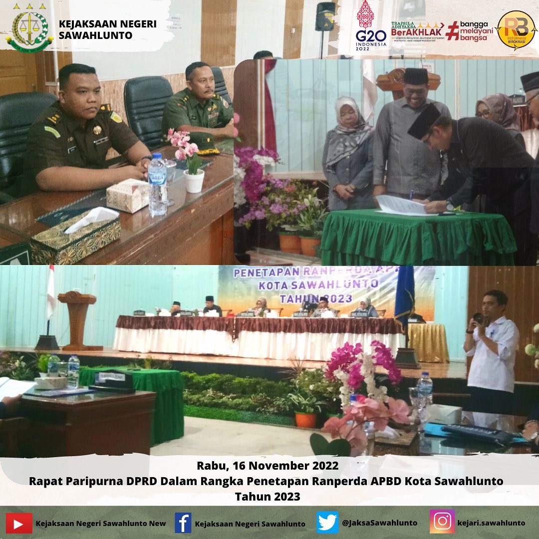 Rabu, 16 November 2022Rapat Paripurna DPRD Dalam Rangka Penetapan Ranperda APBD Kota Sawahlunto Tahun 2023____Update informasi anda tentang Kejaksaan Negeri Sawahlunto terbaru di official account Instagram,Facebook dan Youtube kami !!..____FACEBOOK : Kejaksaan Negeri SawahluntoYOUTUBE : Kejakaaan Negeri Sawahlunto NewTWITTER : @JaksaSawahlunto..________#KejaksaanRI#kejatisumbarnew@kejatisumbarnew#kejarisawahlunto - from Instagram