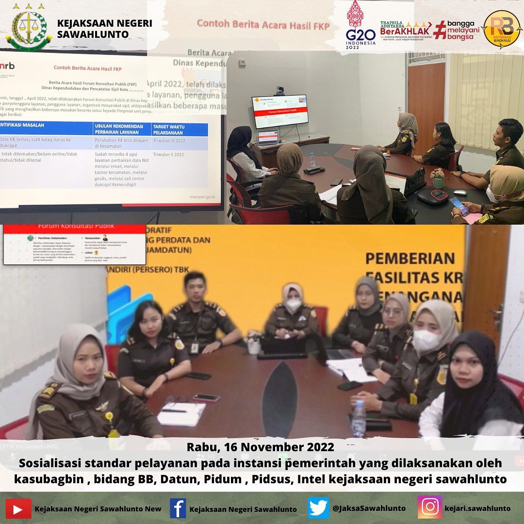 Rabu, 16 November 2022Sosialisasi standar pelayanan pada instansi pemerintah yang dilaksanakan oleh kasubagbin , bidang BB, Datun, Pidum , Pidsus, Intel kejaksaan negeri sawahlunto____Update informasi anda tentang Kejaksaan Negeri Sawahlunto terbaru di official account Instagram,Facebook dan Youtube kami !!..____FACEBOOK : Kejaksaan Negeri SawahluntoYOUTUBE : Kejakaaan Negeri Sawahlunto NewTWITTER : @JaksaSawahlunto..________#KejaksaanRI#kejatisumbarnew@kejatisumbarnew#kejarisawahlunto - from Instagram