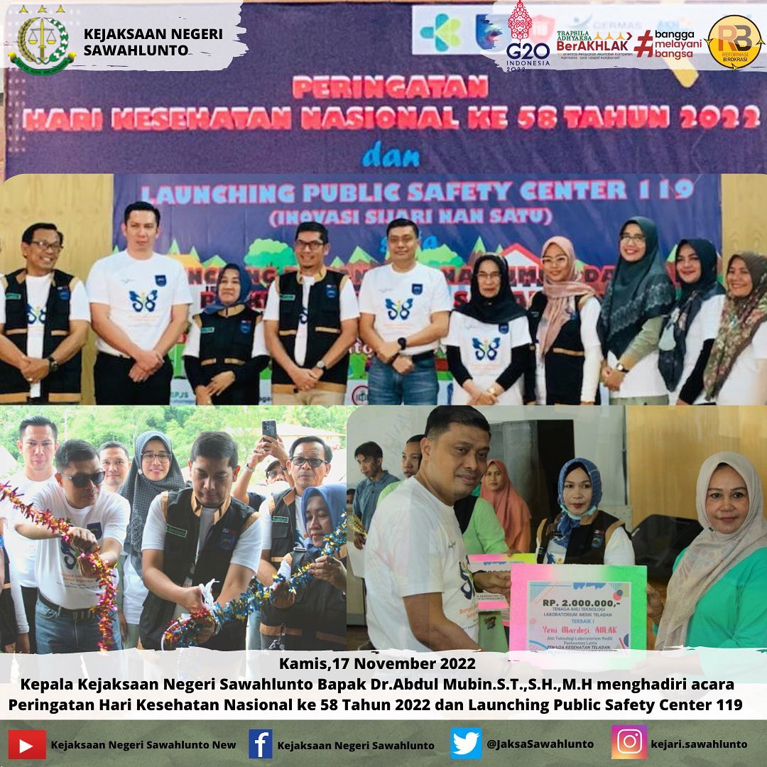 Kamis, 17 November 2022Kepala Kejaksaan Negeri Sawahlunto Bapak Dr.Abdul Mubin.S.T.,S.H.,M.H menghadiri acara Peringatan Hari Kesehatan Nasional ke 58 Tahun 2022 dan Launching Public Safety Center 119.____Update informasi anda tentang Kejaksaan Negeri Sawahlunto terbaru di official account Instagram,Facebook dan Youtube kami !!..____FACEBOOK : Kejaksaan Negeri SawahluntoYOUTUBE : Kejakaaan Negeri Sawahlunto NewTWITTER : @JaksaSawahlunto..________#KejaksaanRI#kejatisumbarnew@kejatisumbarnew#kejarisawahlunto - from Instagram