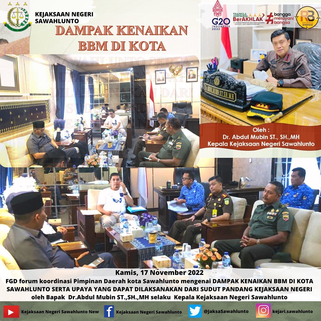 Kamis, 17 November 2022FGD forum koordinasi Pimpinan Daerah kota Sawahlunto mengenai DAMPAK KENAIKAN BBM DI KOTA SAWAHLUNTO SERTA UPAYA YANG DAPAT DILAKSANAKAN DARI SUDUT PANDANG KEJAKSAAN NEGERI oleh Bapak Dr.Abdul Mubin ST.,SH.,MH selaku Kepala Kejaksaan Negeri Sawahlunto____Update informasi anda tentang Kejaksaan Negeri Sawahlunto terbaru di official account Instagram,Facebook dan Youtube kami !!..____FACEBOOK : Kejaksaan Negeri SawahluntoYOUTUBE : Kejakaaan Negeri Sawahlunto NewTWITTER : @JaksaSawahlunto..________#KejaksaanRI#kejatisumbarnew@kejatisumbarnew#kejarisawahlunto - from Instagram