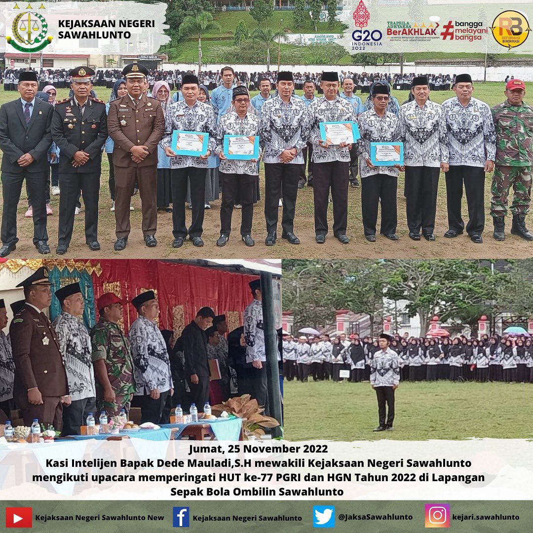 Jumat, 25 November 2022Kasi Intelijen Bapak Dede Mauladi,S.H mewakili Kejaksaan Negeri Sawahlunto mengikuti upacara memperingati HUT ke-77 PGRI dan HGN Tahun 2022 di Lapangan Sepak Bola Ombilin Sawahlunto.____Update informasi anda tentang Kejaksaan Negeri Sawahlunto terbaru di official account Instagram,Facebook dan Youtube kami !!..____FACEBOOK : Kejaksaan Negeri SawahluntoYOUTUBE : Kejakaaan Negeri Sawahlunto NewTWITTER : @JaksaSawahlunto..________#KejaksaanRI#kejatisumbarnew@kejatisumbarnew#kejarisawahlunto - from Instagram
