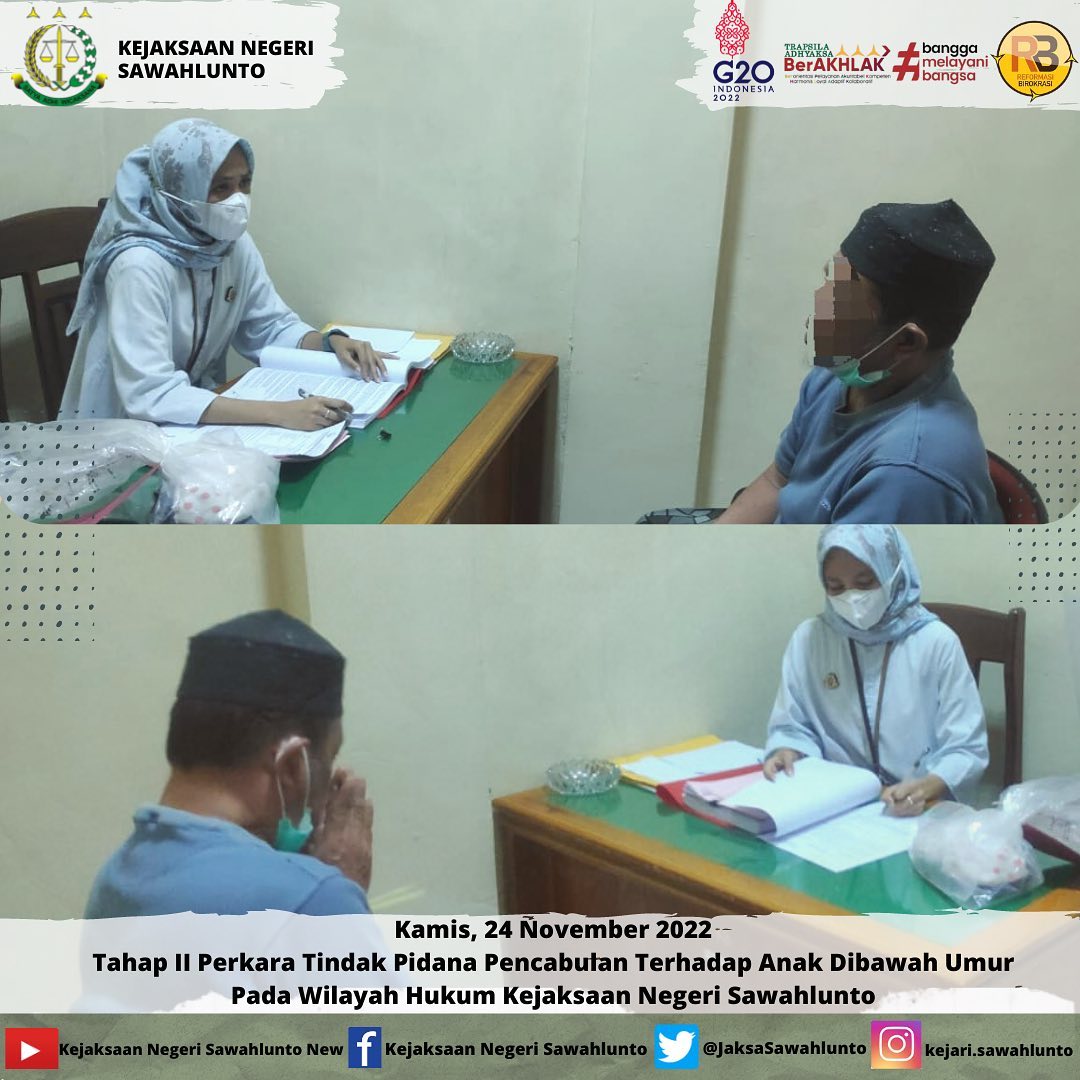 Kamis, 24 November 2022Tahap II Perkara Tindak Pidana Pencabulan Terhadap Anak Dibawah Unur Pada Wilayah Hukum Kejaksaan Negeri Sawahlunto Oleh Jaksa Penuntut Umum____Update informasi anda tentang Kejaksaan Negeri Sawahlunto terbaru di official account Instagram,Facebook dan Youtube kami !!..____FACEBOOK : Kejaksaan Negeri SawahluntoYOUTUBE : Kejakaaan Negeri Sawahlunto NewTWITTER : @JaksaSawahlunto..________#KejaksaanRI#kejatisumbarnew@kejatisumbarnew#kejarisawahlunto - from Instagram