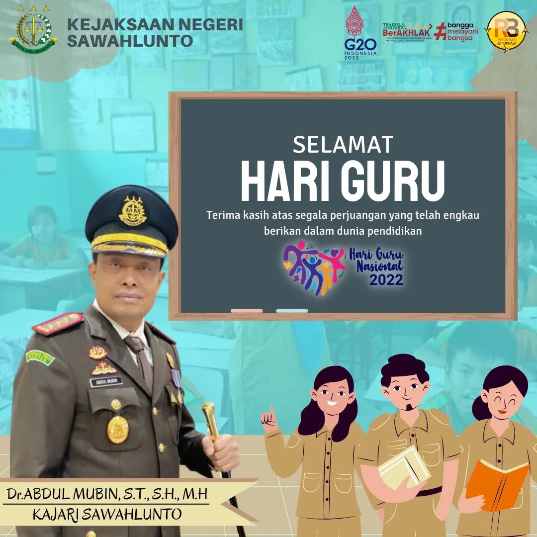 Kepala Kejaksaan Negeri Sawahlunto Beserta Seluruh Jajaran Mengucapkan Selamat Hari Guru Nasional 2022..____Update terus informasi anda tentang Kejaksaan Negeri Sawahlunto terbaru di official account Instagram,Facebook dan Youtube kami !!..____🌐 kejari-sawahlunto.kejaksaan.go.idFACEBOOK : Kejaksaan Negeri SawahluntoYOUTUBE : Kejakaaan Negeri Sawahlunto NewTWITTER : @JaksaSawahlunto..________#KejaksaanRI#kejatisumbarnew@kejatisumbarnew#kejarisawahlunto - from Instagram