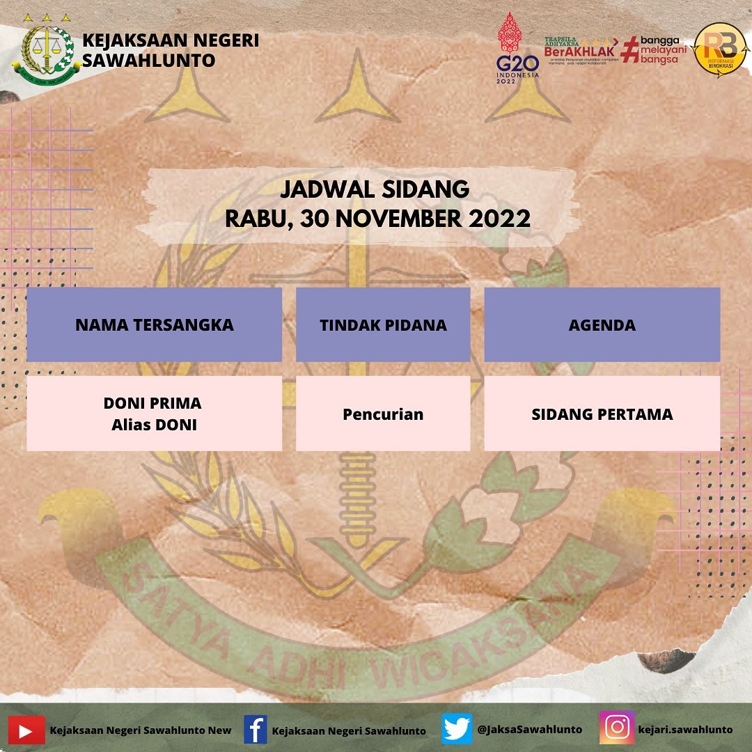 INFORMASI…Jadwal Sidang Kejaksaan Negeri Sawahlunto Rabu, 30 November 2022..____Update terus informasi anda tentang Kejaksaan Negeri Sawahlunto terbaru di official account Instagram,Facebook dan Youtube kami !!..____FACEBOOK : Kejaksaan Negeri SawahluntoYOUTUBE : Kejakaaan Negeri Sawahlunto NewTWITTER : @JaksaSawahlunto..________#KejaksaanRI#kejatisumbarnew@kejatisumbarnew#kejarisawahlunto - from Instagram