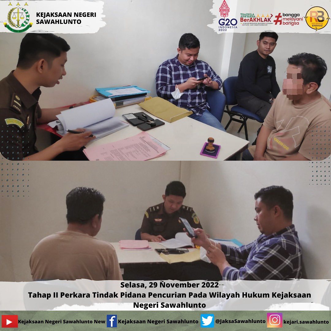 Selasa, 29 November 2022Tahap II Perkara Tindak Pidana Pencurian Pada Wilayah Hukum Kejaksaan Negeri Sawahlunto.____Update informasi anda tentang Kejaksaan Negeri Sawahlunto terbaru di official account Instagram,Facebook dan Youtube kami !!..____FACEBOOK : Kejaksaan Negeri SawahluntoYOUTUBE : Kejakaaan Negeri Sawahlunto NewTWITTER : @JaksaSawahlunto..________#KejaksaanRI#kejatisumbarnew@kejatisumbarnew#kejarisawahlunto - from Instagram