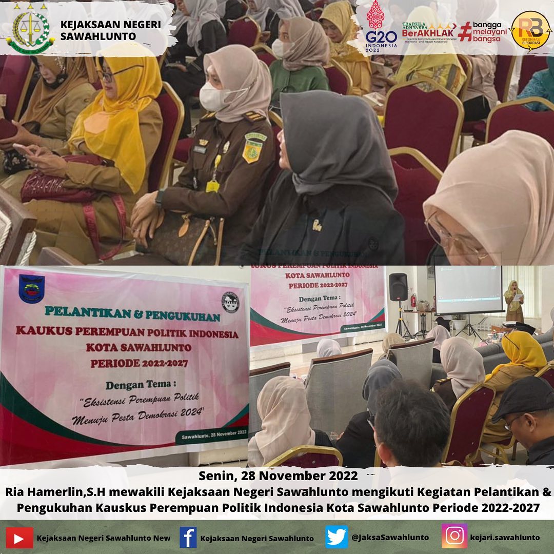 Senin, 28 November 2022Ria Hamerlin,S.H mewakili Kejaksaan Negeri Sawahlunto mengikuti Kegiatan Pelantikan & Pengukuhan Kauskus Perempuan Politik Indonesia Kota Sawahlunto Periode 2022-2027____Update informasi anda tentang Kejaksaan Negeri Sawahlunto terbaru di official account Instagram,Facebook dan Youtube kami !!..____FACEBOOK : Kejaksaan Negeri SawahluntoYOUTUBE : Kejakaaan Negeri Sawahlunto NewTWITTER : @JaksaSawahlunto..________#KejaksaanRI#kejatisumbarnew@kejatisumbarnew#kejarisawahlunto - from Instagram