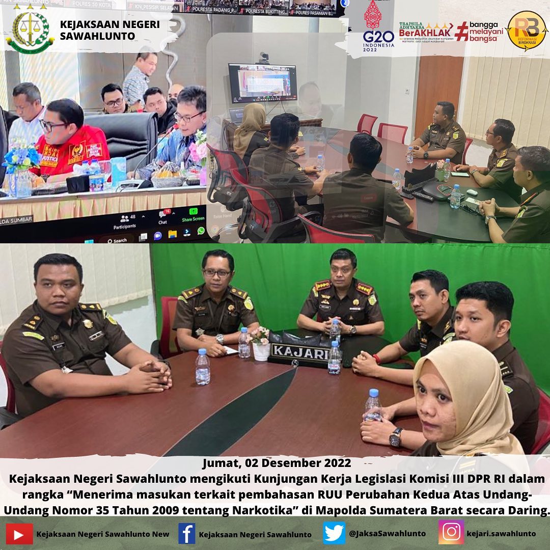 Jumat,02 Desember 2022 Kejaksaan Negeri Sawahlunto mengikuti Kunjungan Kerja Legislasi Komisi III DPR RI dalam rangka “Menerima masukan terkait pembahasan RUU Perubahan Kedua Atas Undang-Undang Nomor 35 Tahun 2009 tentang Narkotika” di Mapolda Sumatera Barat secara Daring.____Update informasi anda tentang Kejaksaan Negeri Sawahlunto terbaru di official account Instagram,Facebook dan Youtube kami !!..____FACEBOOK : Kejaksaan Negeri SawahluntoYOUTUBE : Kejakaaan Negeri Sawahlunto NewTWITTER : @JaksaSawahlunto..________#KejaksaanRI#kejatisumbarnew@kejatisumbarnew#kejarisawahlunto - from Instagram