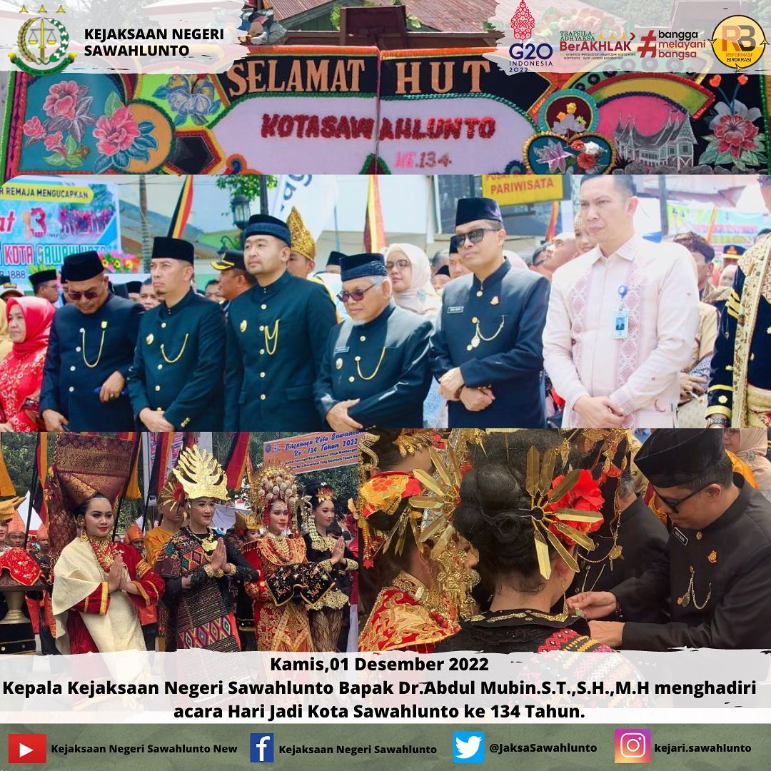 Kamis, 1 Desember 2022Kepala Kejaksaan Negeri Sawahlunto Bapak Dr. Abdul Mubin,S.T.,S.H.,M.H menghadiri acara Hari Jadi Kota Sawahlunto yang ke 134. ____Update informasi anda tentang Kejaksaan Negeri Sawahlunto terbaru di official account Instagram,Facebook dan Youtube kami !!..____FACEBOOK : Kejaksaan Negeri SawahluntoYOUTUBE : Kejakaaan Negeri Sawahlunto NewTWITTER : @JaksaSawahlunto..________#KejaksaanRI#kejatisumbarnew@kejatisumbarnew#kejarisawahlunto - from Instagram