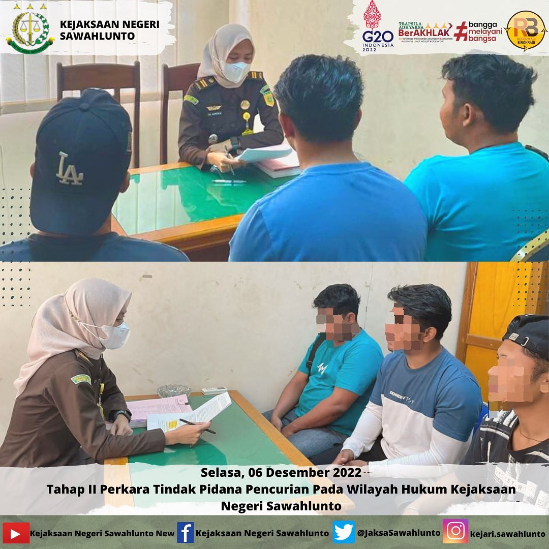 Selasa, 06 Desember 2022Tahap II Perkara Tindak Pidana Pencurian Pada Wilayah Hukum Kejaksaan Negeri Sawahlunto.____Update informasi anda tentang Kejaksaan Negeri Sawahlunto terbaru di official account Instagram,Facebook dan Youtube kami !!..____FACEBOOK : Kejaksaan Negeri SawahluntoYOUTUBE : Kejakaaan Negeri Sawahlunto NewTWITTER : @JaksaSawahlunto..________#KejaksaanRI#kejatisumbarnew@kejatisumbarnew#kejarisawahlunto - from Instagram