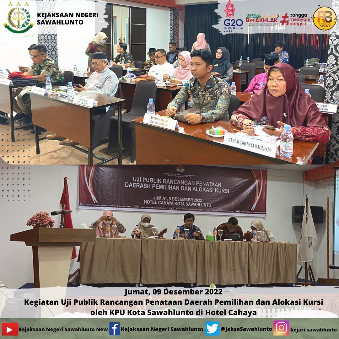 Jumat, 09 Desember 2022Jaksa Arief Hidayat, S.H mewakili Kejaksaan Negeri Sawahlunto mengikuti Kegiatan Uji Publik Rancangan Penataan Daerah Pemilihan dan Alokasi Kursi oleh KPU Kota Sawahlunto di Hotel Cahaya.____Update informasi anda tentang Kejaksaan Negeri Sawahlunto terbaru di official account Instagram,Facebook dan Youtube kami !!..____FACEBOOK : Kejaksaan Negeri SawahluntoYOUTUBE : Kejakaaan Negeri Sawahlunto NewTWITTER : @JaksaSawahlunto..________#KejaksaanRI#kejatisumbarnew@kejatisumbarnew#kejarisawahlunto - from Instagram