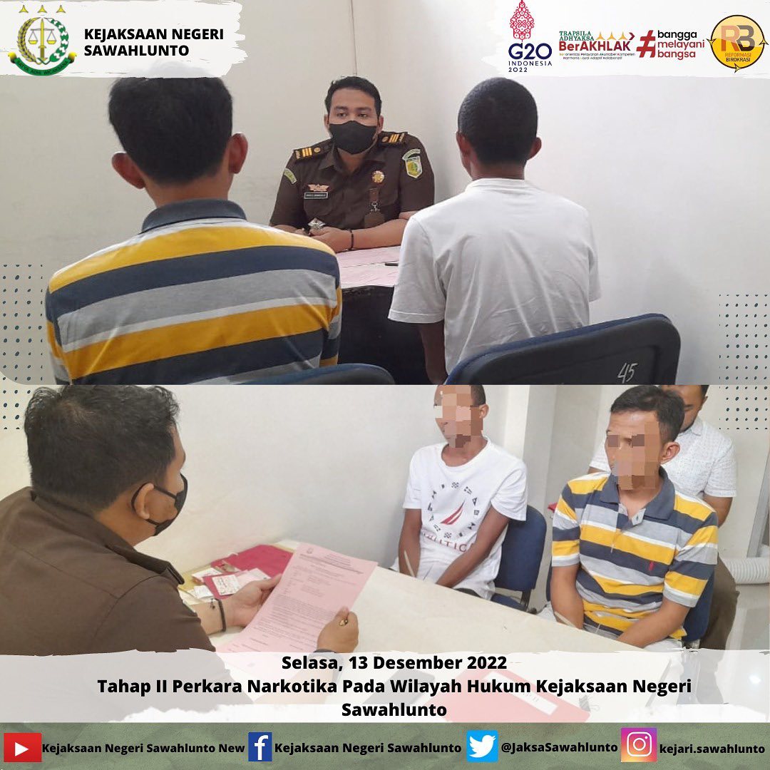 Selasa, 13 Desember 2022Tahap II Perkara Narkotika Pada Wilayah Hukum Kejaksaan Negeri Sawahlunto oleh Jaksa Penuntut Umum____Update informasi anda tentang Kejaksaan Negeri Sawahlunto terbaru di official account Instagram,Facebook dan Youtube kami !!..____FACEBOOK : Kejaksaan Negeri SawahluntoYOUTUBE : Kejakaaan Negeri Sawahlunto NewTWITTER : @JaksaSawahlunto..________#KejaksaanRI#kejatisumbarnew@kejatisumbarnew#kejarisawahlunto - from Instagram