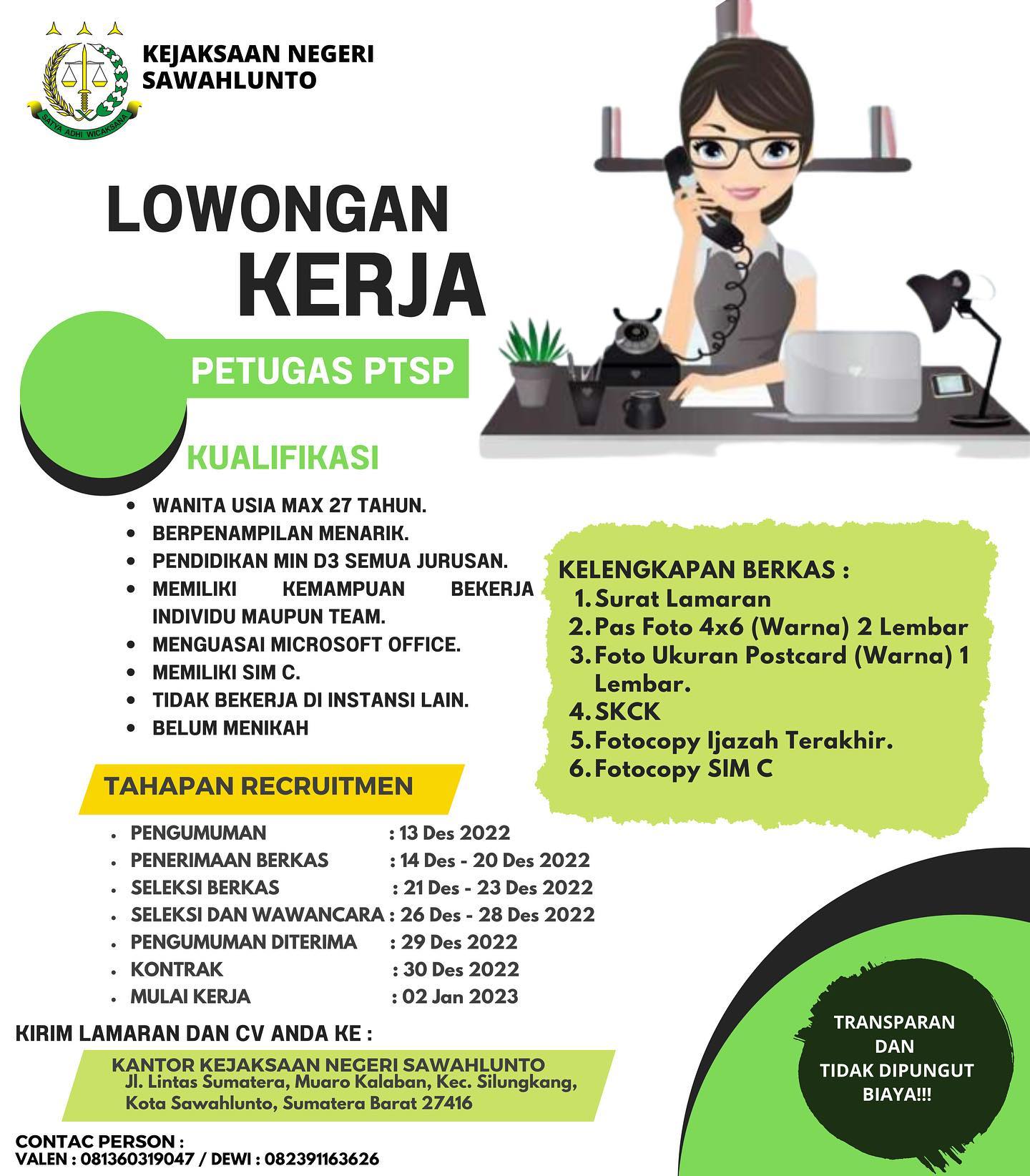 INFO LOWONGAN PEKERJAAN..Kejaksaan Negeri Sawahlunto membuka lowongan pekerjaan untuk posisi, Petugas PTSP, Satpam/Security, Driver, dan Tenaga Pramubakti..Bagi kamu yang berminat, silahkan antar langsung berkas lamaran kamu ke Kantor Kejaksaan Negeri Sawahlunto..Untuk Informasi lebih lanjut silahkan hub contac person diatas,TERIMAKASIH…. ____Update informasi anda tentang Kejaksaan Negeri Sawahlunto terbaru di official account Instagram,Facebook dan Youtube kami !!..____FACEBOOK : Kejaksaan Negeri SawahluntoYOUTUBE : Kejakaaan Negeri Sawahlunto NewTWITTER : @JaksaSawahlunto..________#KejaksaanRI#kejatisumbarnew@kejatisumbarnew#kejarisawahlunto - from Instagram