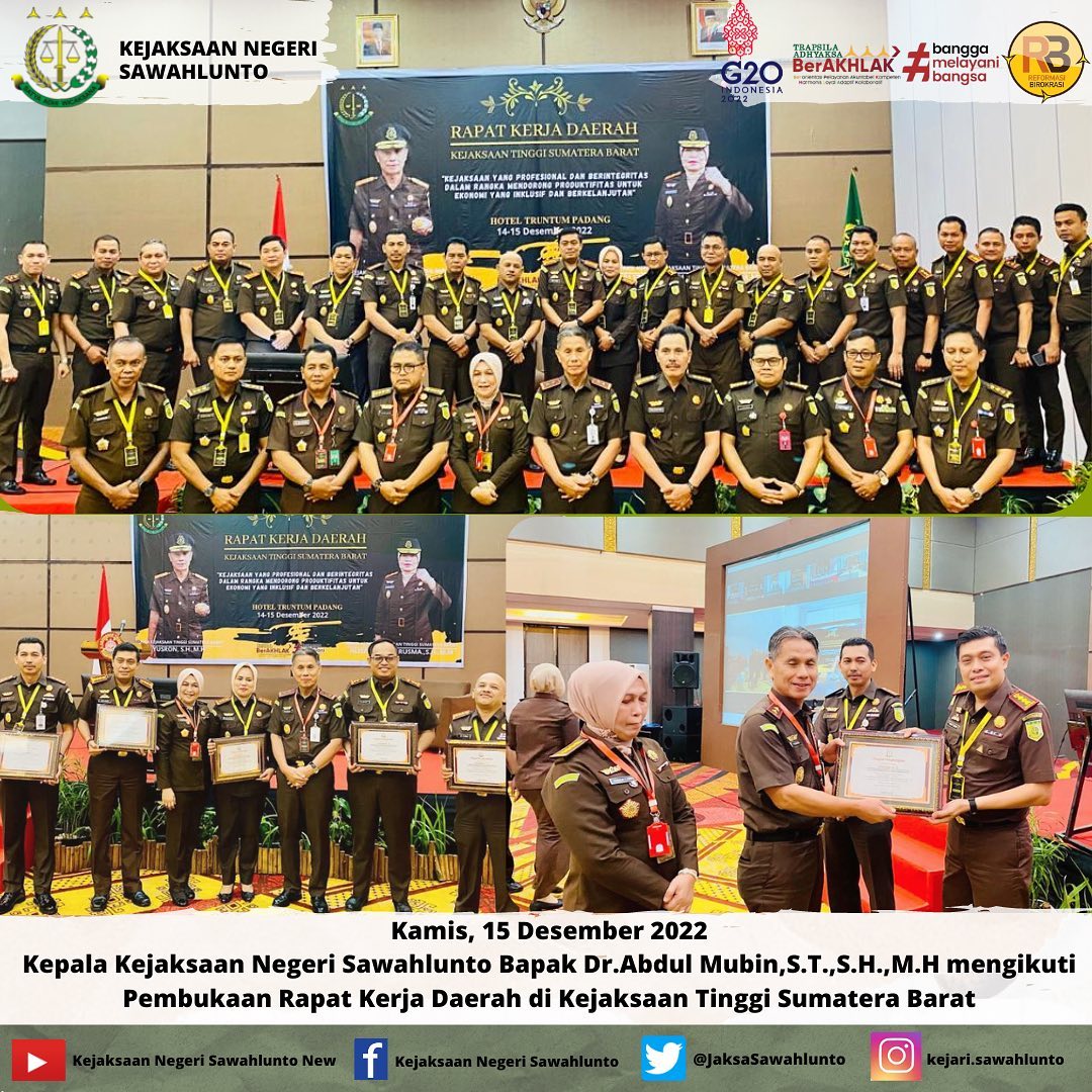 Kamis, 15 Desember 2022Kepala Kejaksaan Negeri Sawahlunto Bapak Dr.Abdul Mubin,S.T.,S.H.,M.H mengikuti Pembukaan Rapat Kerja Daerah di Kejaksaan Tinggi Sumatera Barat____Update informasi anda tentang Kejaksaan Negeri Sawahlunto terbaru di official account Instagram,Facebook dan Youtube kami !!..____FACEBOOK : Kejaksaan Negeri SawahluntoYOUTUBE : Kejakaaan Negeri Sawahlunto NewTWITTER : @JaksaSawahlunto..________#KejaksaanRI#kejatisumbarnew@kejatisumbarnew#kejarisawahlunto - from Instagram