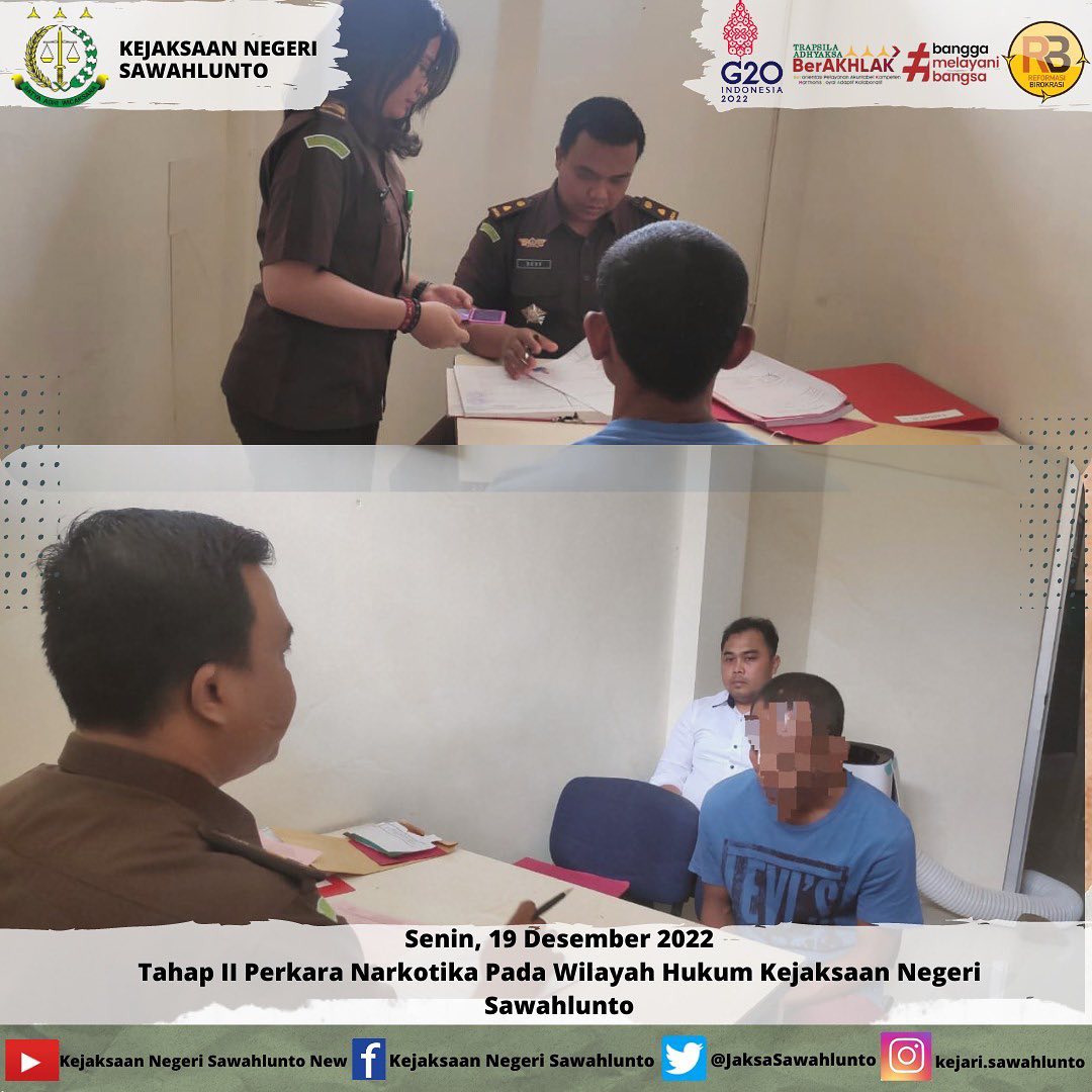 Senin, 19 Desember 2022Tahap II Perkara Narkotika Pada Wilayah Hukum Kejaksaan Negeri Sawahlunto oleh Jaksa Penuntut Umum____Update informasi anda tentang Kejaksaan Negeri Sawahlunto terbaru di official account Instagram,Facebook dan Youtube kami !!..____FACEBOOK : Kejaksaan Negeri SawahluntoYOUTUBE : Kejakaaan Negeri Sawahlunto NewTWITTER : @JaksaSawahlunto..________#KejaksaanRI#kejatisumbarnew@kejatisumbarnew#kejarisawahlunto - from Instagram