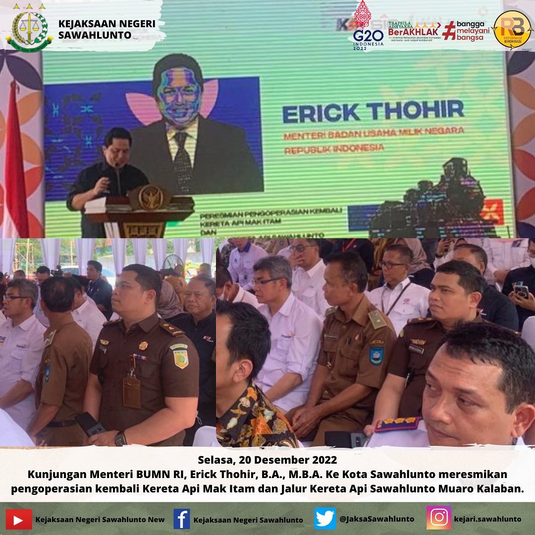 Selasa, 20 Desember 2022Kasi Datun Bapak Hendrio Suherman,S.H.,M.H mengikuti kegiatan Kunjungan Menteri BUMN RI, Erick Thohir, B.A., M.B.A. Ke Kota Sawahlunto meresmikan pengoperasian kembali Kereta Api Mak Itam dan Jalur Kereta Api Sawahlunto Muaro Kalaban.____Update informasi anda tentang Kejaksaan Negeri Sawahlunto terbaru di official account Instagram,Facebook dan Youtube kami !!..____FACEBOOK : Kejaksaan Negeri SawahluntoYOUTUBE : Kejakaaan Negeri Sawahlunto NewTWITTER : @JaksaSawahlunto..________#KejaksaanRI#kejatisumbarnew@kejatisumbarnew#kejarisawahlunto - from Instagram