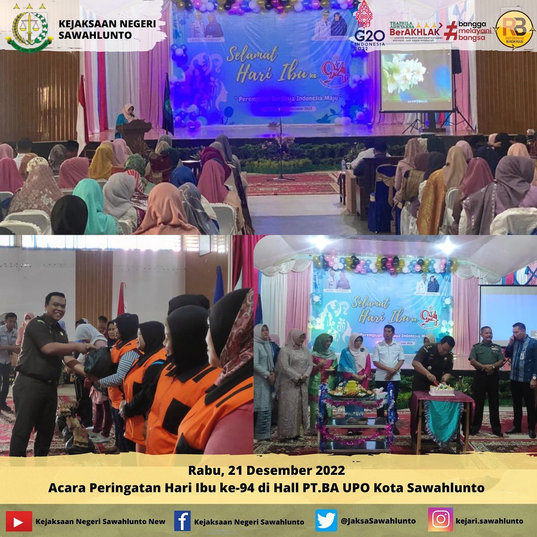 Rabu, 21 Desember 2022Kasi Intel, Bapak Dede Mauladi,SH menghadiri Acara Peringatan Hari Ibu ke-94 di Hall PT.BA UPO Kota Sawahlunto.____Update informasi anda tentang Kejaksaan Negeri Sawahlunto terbaru di official account Instagram,Facebook dan Youtube kami !!..____FACEBOOK : Kejaksaan Negeri SawahluntoYOUTUBE : Kejakaaan Negeri Sawahlunto NewTWITTER : @JaksaSawahlunto..________#KejaksaanRI#kejatisumbarnew@kejatisumbarnew#kejarisawahlunto - from Instagram