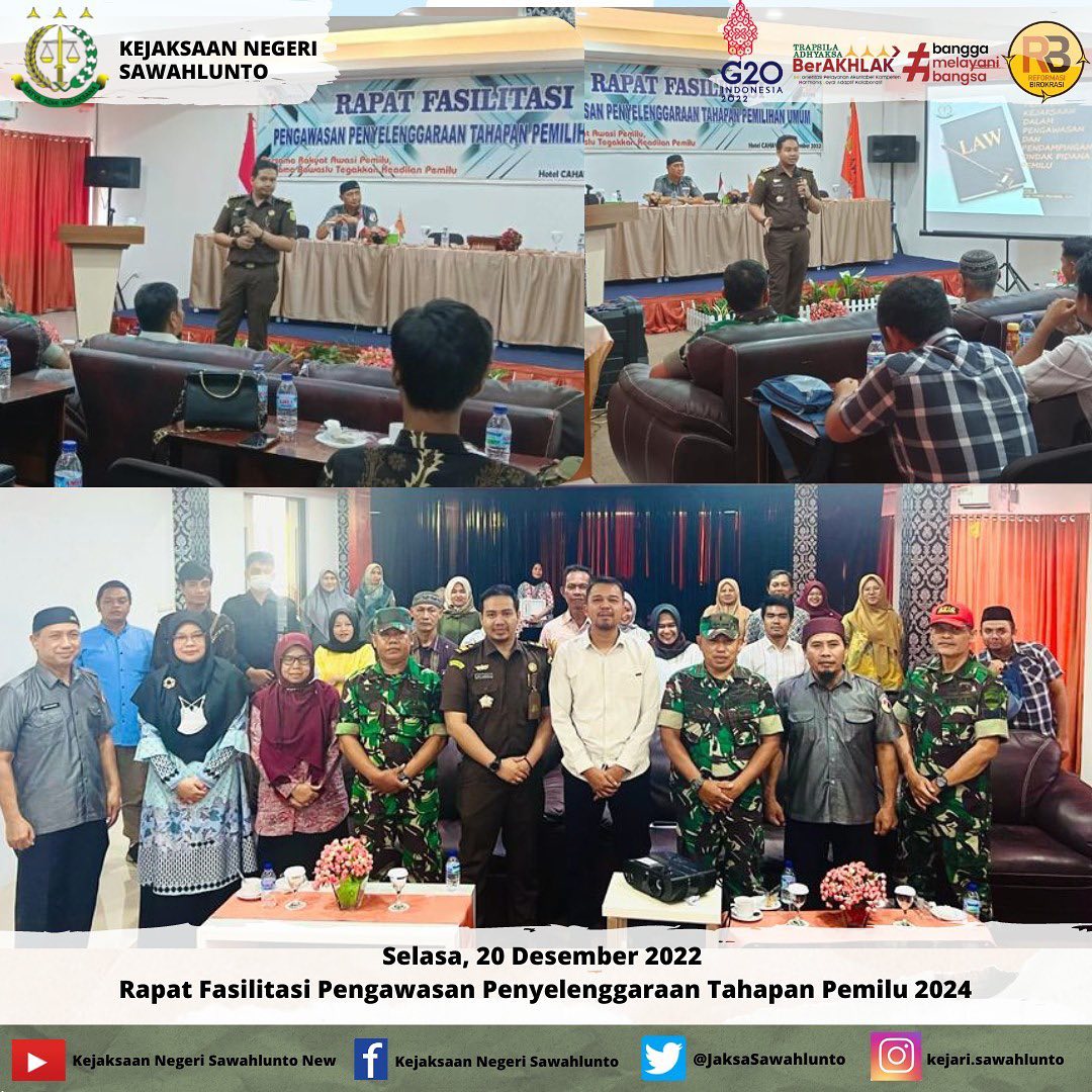 Selasa, 20 Desember 2022Kasi PB3R Bapak Ogy Fabrio Mandala,S.H mengikuti Kegiatan Rapat Fasilitasi Pengawasan Penyelenggaraan Tahapan Pemilu 2024 di Kantor Hotel Cahaya Talawi Kota Sawahlunto____Update informasi anda tentang Kejaksaan Negeri Sawahlunto terbaru di official account Instagram,Facebook dan Youtube kami !!..____FACEBOOK : Kejaksaan Negeri SawahluntoYOUTUBE : Kejakaaan Negeri Sawahlunto NewTWITTER : @JaksaSawahlunto..________#KejaksaanRI#kejatisumbarnew@kejatisumbarnew#kejarisawahlunto - from Instagram