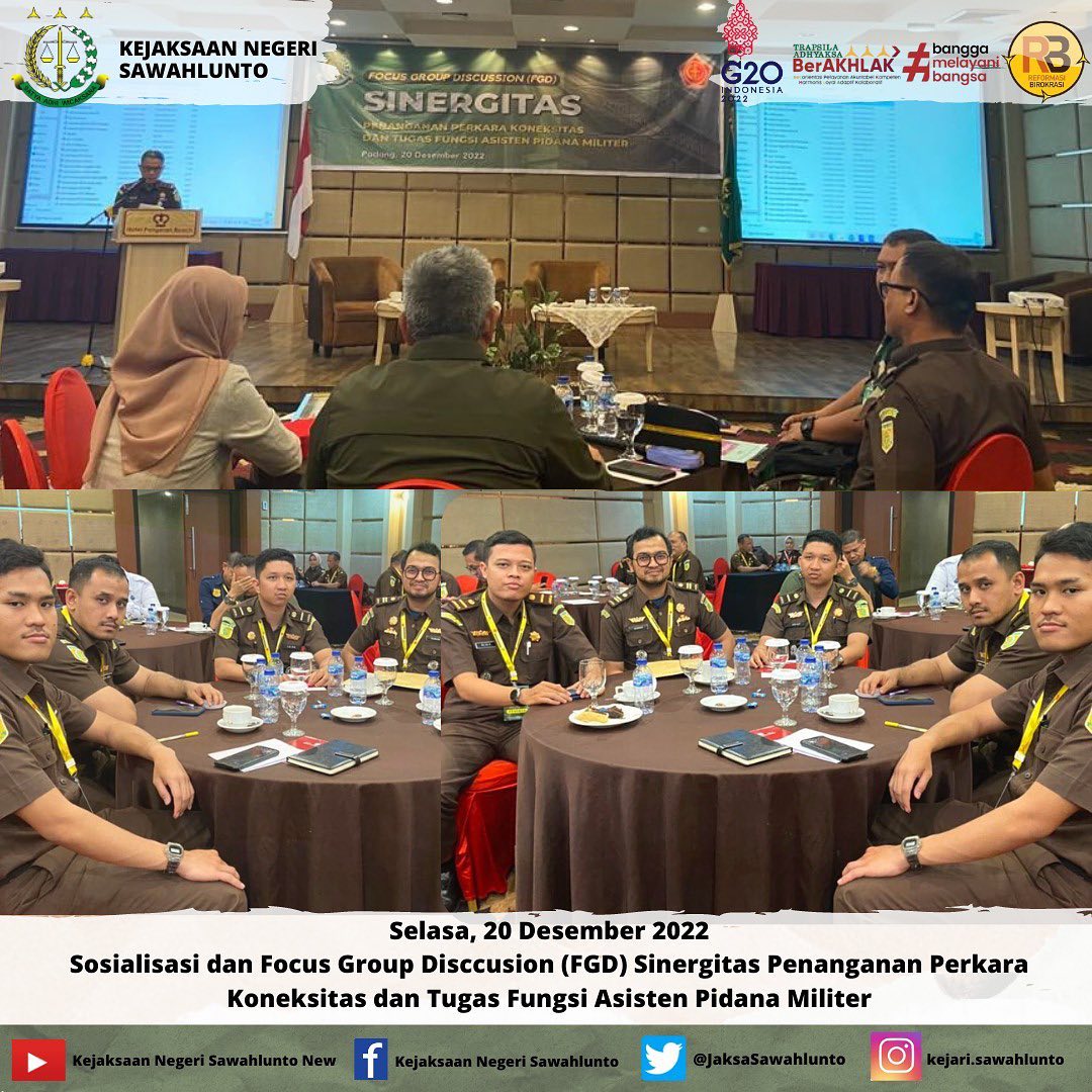 Selasa, 20 Desember 2022 telah dilaksanakan Sosialisasi dan Focus Group Disccusion(FGD) Sinergitas Penanganan Perkara Koneksitas dan Tugas Fungsi Asisten Pidana Militer oleh Bagian Tindak Pindana Militer Kejaksaan Tinggi Sumatera Barat di Hotel Pangeran Beach Padang.____Update informasi anda tentang Kejaksaan Negeri Sawahlunto terbaru di official account Instagram,Facebook dan Youtube kami !!..____FACEBOOK : Kejaksaan Negeri SawahluntoYOUTUBE : Kejakaaan Negeri Sawahlunto NewTWITTER : @JaksaSawahlunto..________#KejaksaanRI#kejatisumbarnew@kejatisumbarnew#kejarisawahlunto - from Instagram
