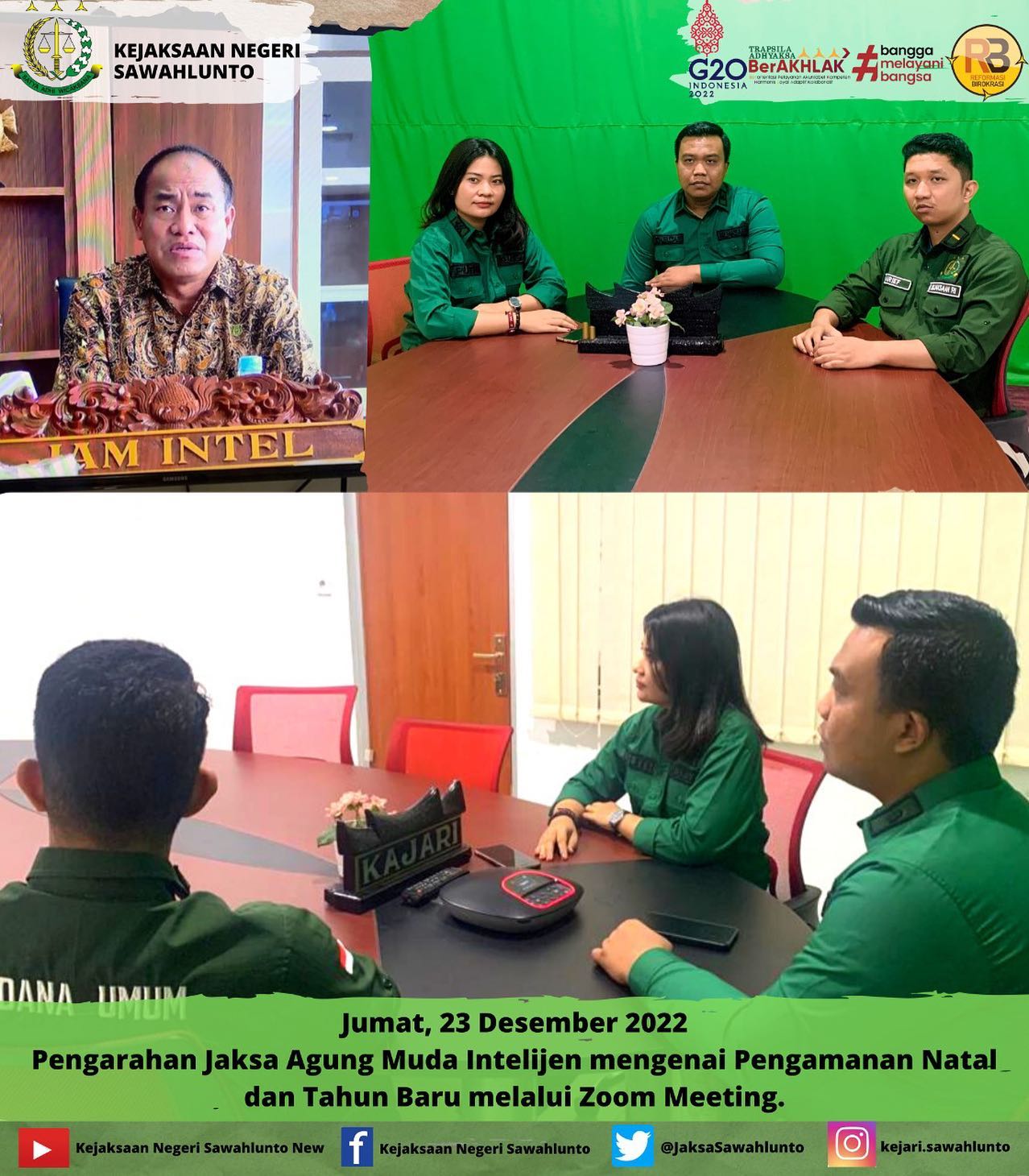 Jumat, 23 Desember 2022Pengarahan Jaksa Agung Muda Intelijen mengenai Pengamanan Natal dan Tahun Baru melalui Zoom Meeting.____Update informasi anda tentang Kejaksaan Negeri Sawahlunto terbaru di official account Instagram,Facebook dan Youtube kami !!..____FACEBOOK : Kejaksaan Negeri SawahluntoYOUTUBE : Kejakaaan Negeri Sawahlunto NewTWITTER : @JaksaSawahlunto..________#KejaksaanRI#kejatisumbarnew@kejatisumbarnew#kejarisawahlunto - from Instagram