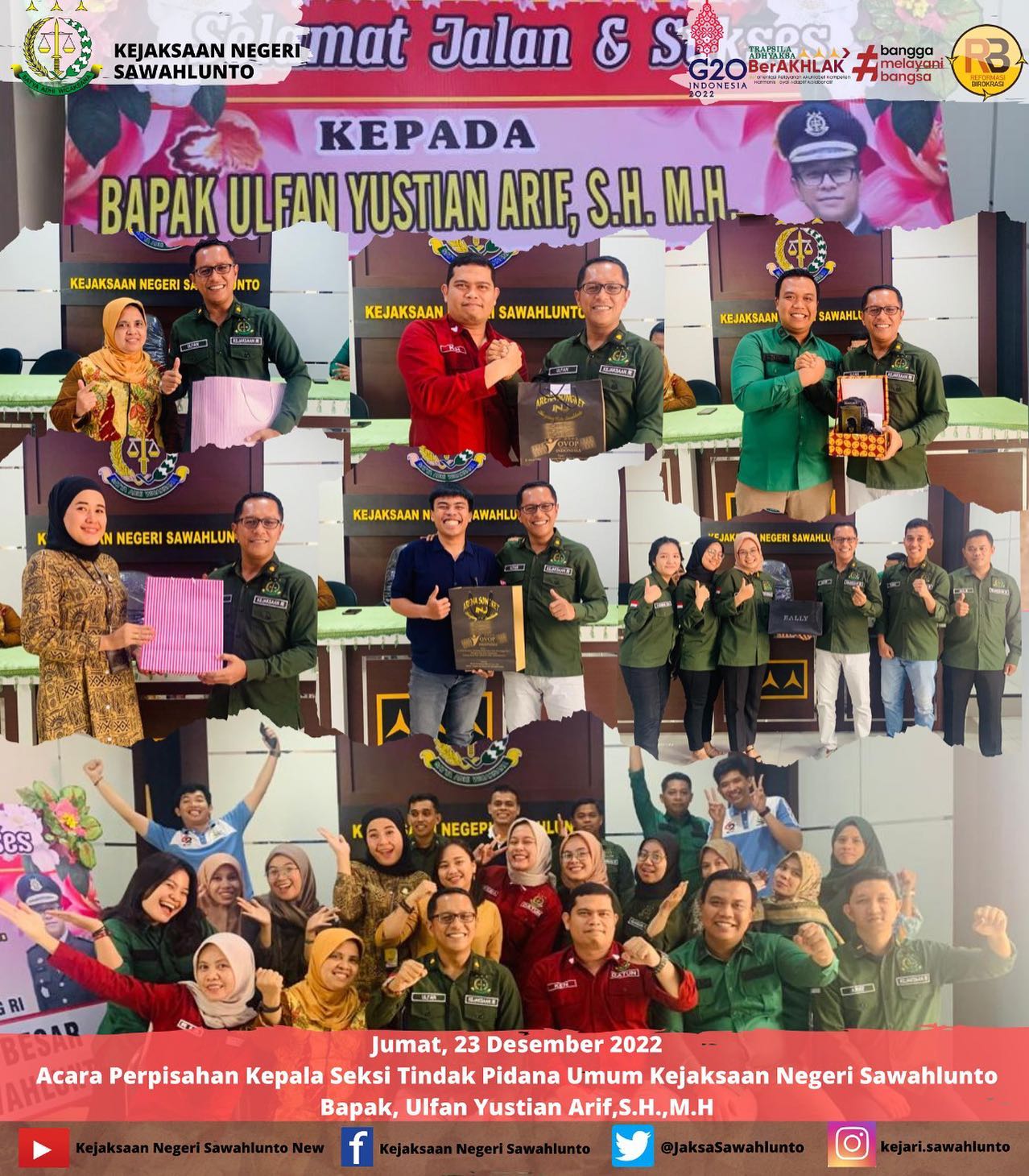 Jumat, 23 Desember 2022Acara Perpisahan Kepala Seksi Tindak Pidana Umum Kejaksaan Negeri Sawahlunto Bapak, Ulfan Yustian Arif,S.H.,M.H yang telah bergabung di Tim SATGASUS PIDSUS Kejaksaan Agung RI____Update informasi anda tentang Kejaksaan Negeri Sawahlunto terbaru di official account Instagram,Facebook dan Youtube kami !!..____FACEBOOK : Kejaksaan Negeri SawahluntoYOUTUBE : Kejakaaan Negeri Sawahlunto NewTWITTER : @JaksaSawahlunto..________#KejaksaanRI#kejatisumbarnew@kejatisumbarnew#kejarisawahlunto - from Instagram