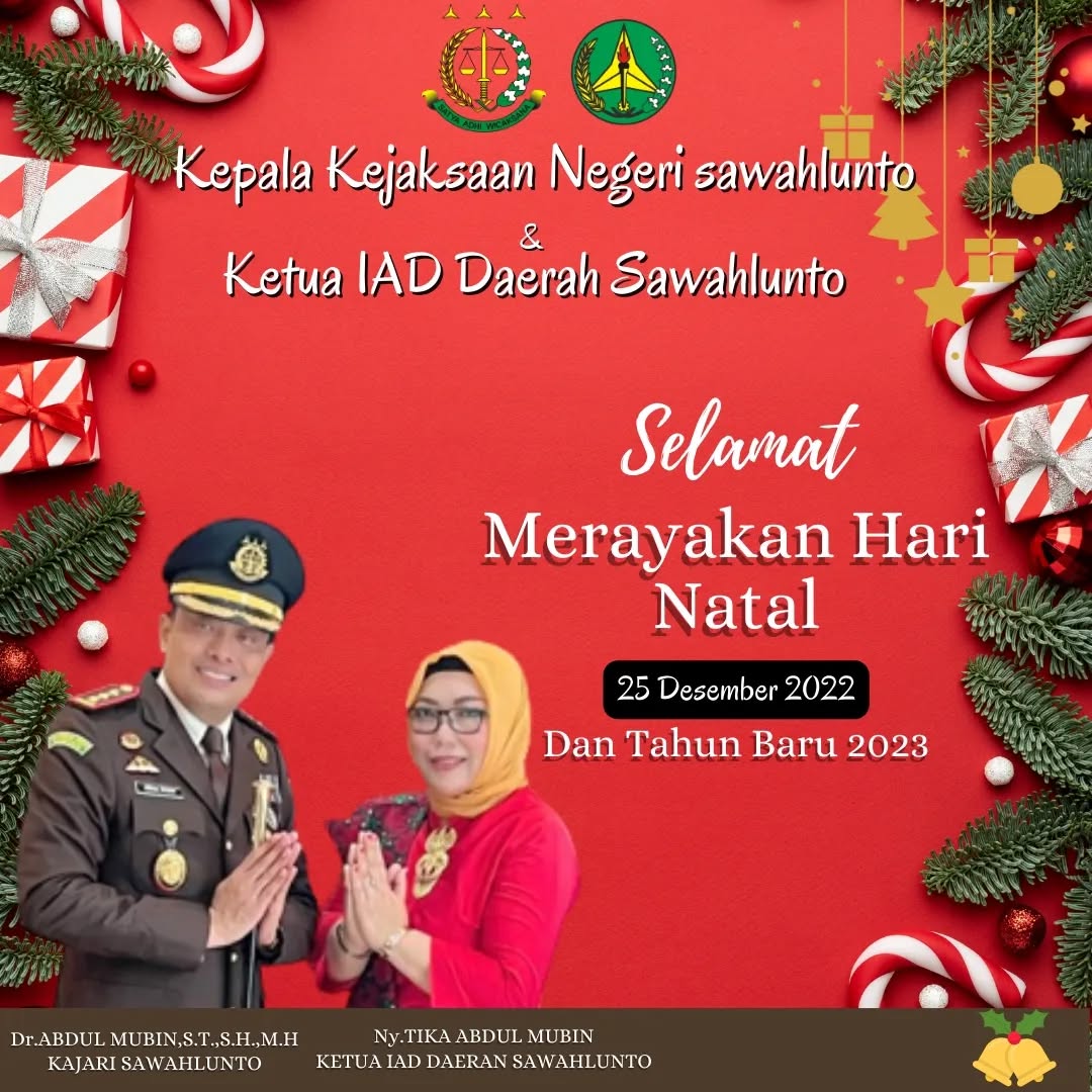 Kepala Kejaksaan Negeri Sawahlunto dan Ketua IAD Daerah Sawahlunto beserta seluruh jajaran mengucapkan Selamat Hari Natal 25 Desember 2022 dan Tahun Baru 2023...____Update terus informasi anda tentang Kejaksaan Negeri Sawahlunto terbaru di official account Instagram,Facebook dan Youtube kami !!..____🌐 kejari-sawahlunto.kejaksaan.go.idFACEBOOK : Kejaksaan Negeri SawahluntoYOUTUBE : Kejakaaan Negeri Sawahlunto NewTWITTER : @JaksaSawahlunto..________#KejaksaanRI#kejatisumbarnew@kejatisumbarnew#kejarisawahlunto - from Instagram