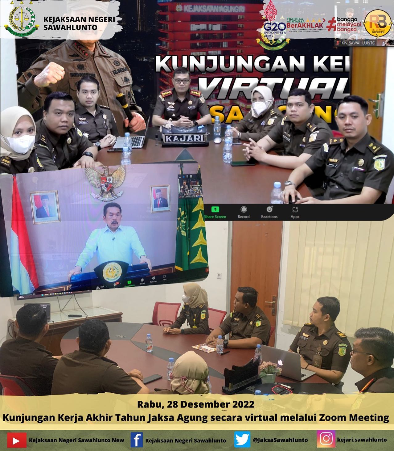Rabu, 28 Desember 2022Kunjungan Kerja Akhir Tahun Jaksa Agung secara virtual melalui zoom meeting.____Update informasi anda tentang Kejaksaan Negeri Sawahlunto terbaru di official account Instagram,Facebook dan Youtube kami !!..____FACEBOOK : Kejaksaan Negeri SawahluntoYOUTUBE : Kejakaaan Negeri Sawahlunto NewTWITTER : @JaksaSawahlunto..________#KejaksaanRI#kejatisumbarnew@kejatisumbarnew#kejarisawahlunto - from Instagram