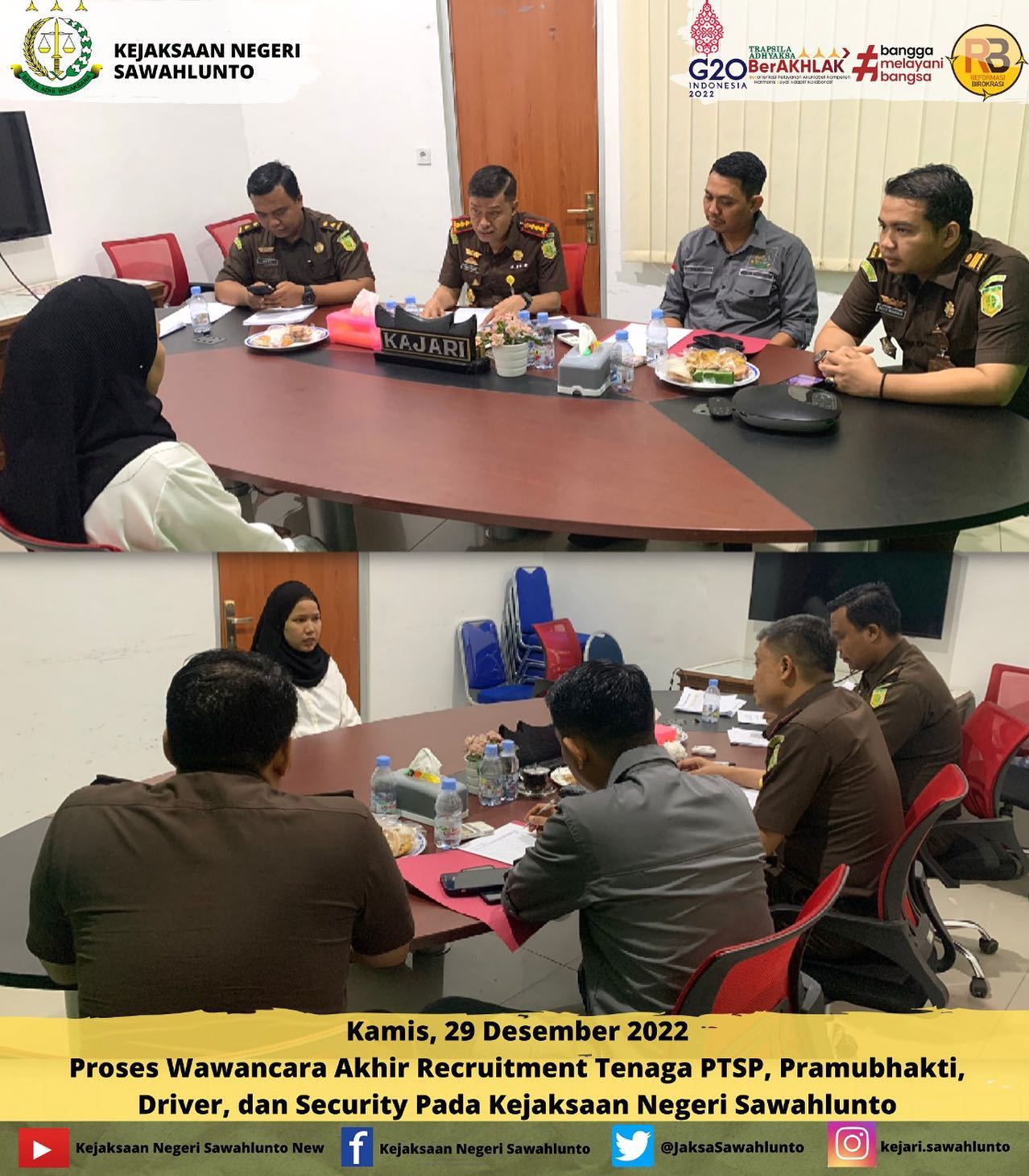 Kamis, 29 Desember 2022Proses Wawancara Akhir Recruitment Tenaga PTSP, Pramubhakti, Driver, dan Security Pada Kejaksaan Negeri Sawahlunto oleh Kepala Kejaksaan Negeri Sawahlunto Bapak Dr. ABDUL MUBIN,S.T.,S.H.,M.H dan para KASI Kejaksaan Negeri Sawahlunto.____Update informasi anda tentang Kejaksaan Negeri Sawahlunto terbaru di official account Instagram,Facebook dan Youtube kami !!..____FACEBOOK : Kejaksaan Negeri SawahluntoYOUTUBE : Kejakaaan Negeri Sawahlunto NewTWITTER : @JaksaSawahlunto..________#KejaksaanRI#kejatisumbarnew@kejatisumbarnew#kejarisawahlunto - from Instagram