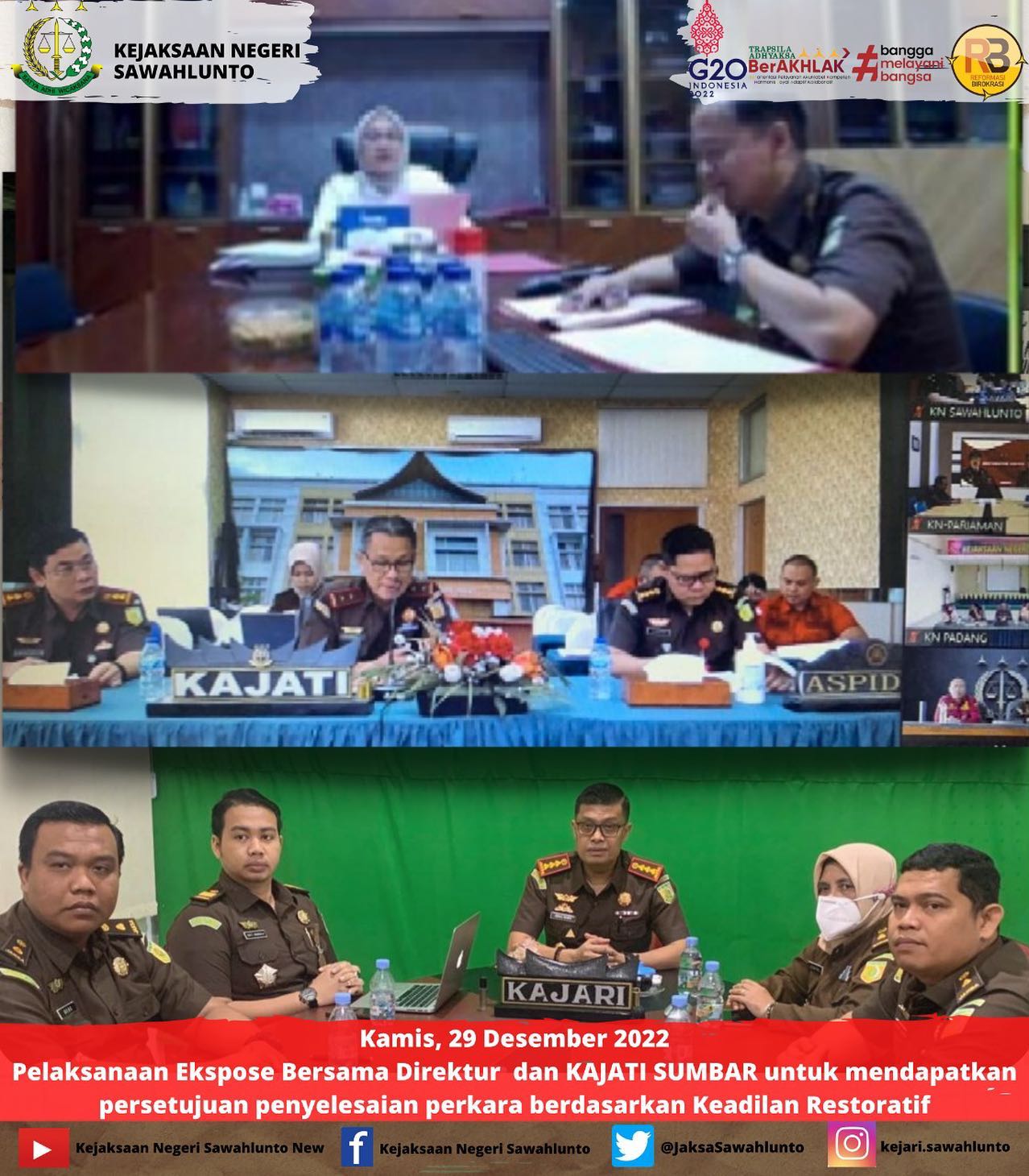 Kamis, 29 Desember 2022Pelaksanaan Ekspose Bersama Direktur OHARDA dan KAJATI SUMBAR untuk mendapatkan persetujuan penyelesaian perkara berdasarkan Keadilan Restoratif.____Update informasi anda tentang Kejaksaan Negeri Sawahlunto terbaru di official account Instagram,Facebook dan Youtube kami !!..____FACEBOOK : Kejaksaan Negeri SawahluntoYOUTUBE : Kejakaaan Negeri Sawahlunto NewTWITTER : @JaksaSawahlunto..________#KejaksaanRI#kejatisumbarnew@kejatisumbarnew#kejarisawahlunto - from Instagram