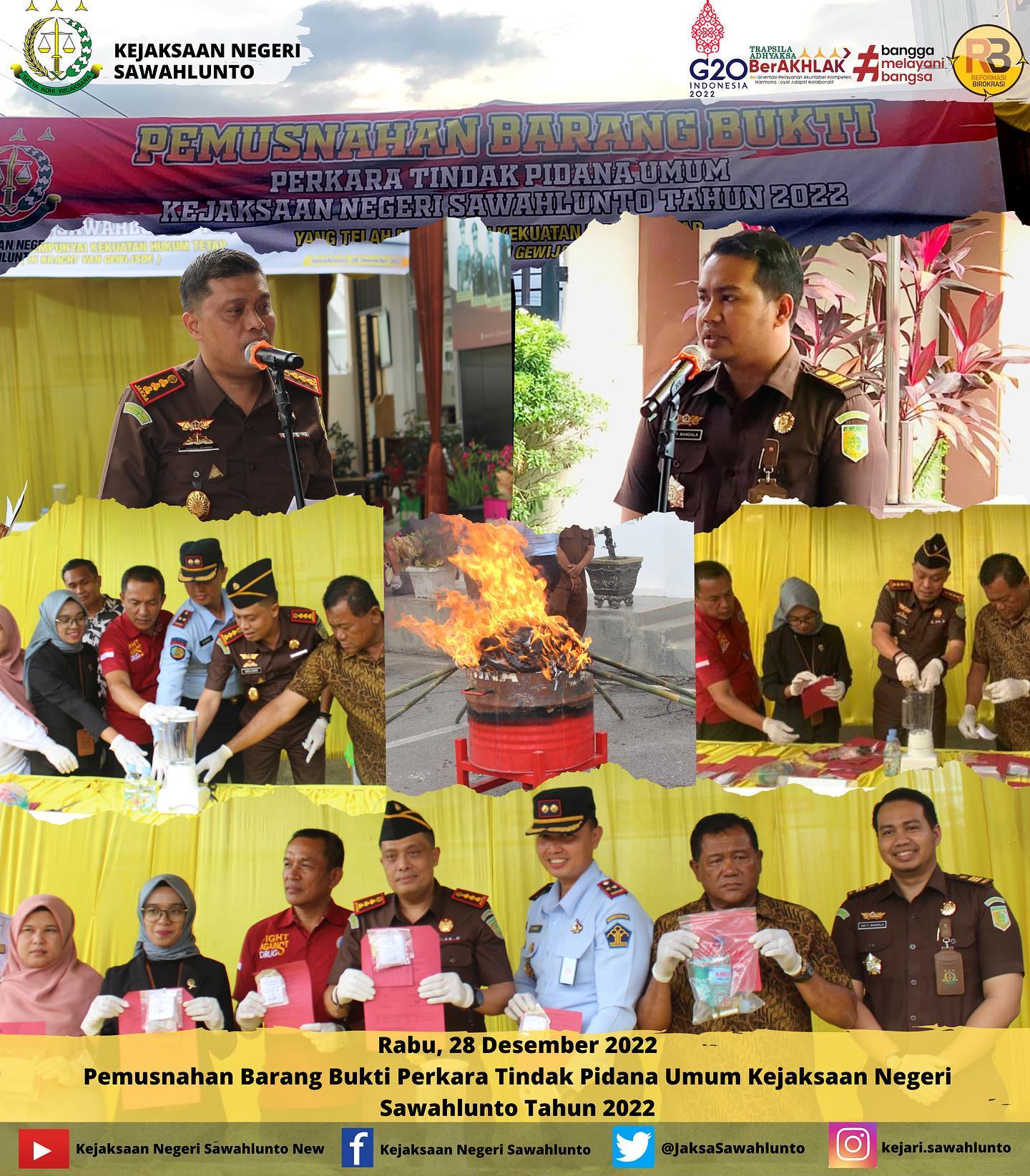 Rabu, 28 Desember 2022Telah dilaksanakan Pemusnahan Barang Bukti Perkara Tindak Pidana Umum Tahun 2022 yang telah berkekuatan hukum tetap oleh Kepala Kejaksaan Negeri Sawahlunto Bapak Dr.Abdul Mubin,S.T.,S.H.,M.H dan Kepala Seksi PB3R Bapak Ogy Fabrio Mandala,S.H beserta para undangan instansi terkait. ____Update informasi anda tentang Kejaksaan Negeri Sawahlunto terbaru di official account Instagram,Facebook dan Youtube kami !!..____FACEBOOK : Kejaksaan Negeri SawahluntoYOUTUBE : Kejakaaan Negeri Sawahlunto NewTWITTER : @JaksaSawahlunto..________#KejaksaanRI#kejatisumbarnew@kejatisumbarnew#kejarisawahlunto - from Instagram