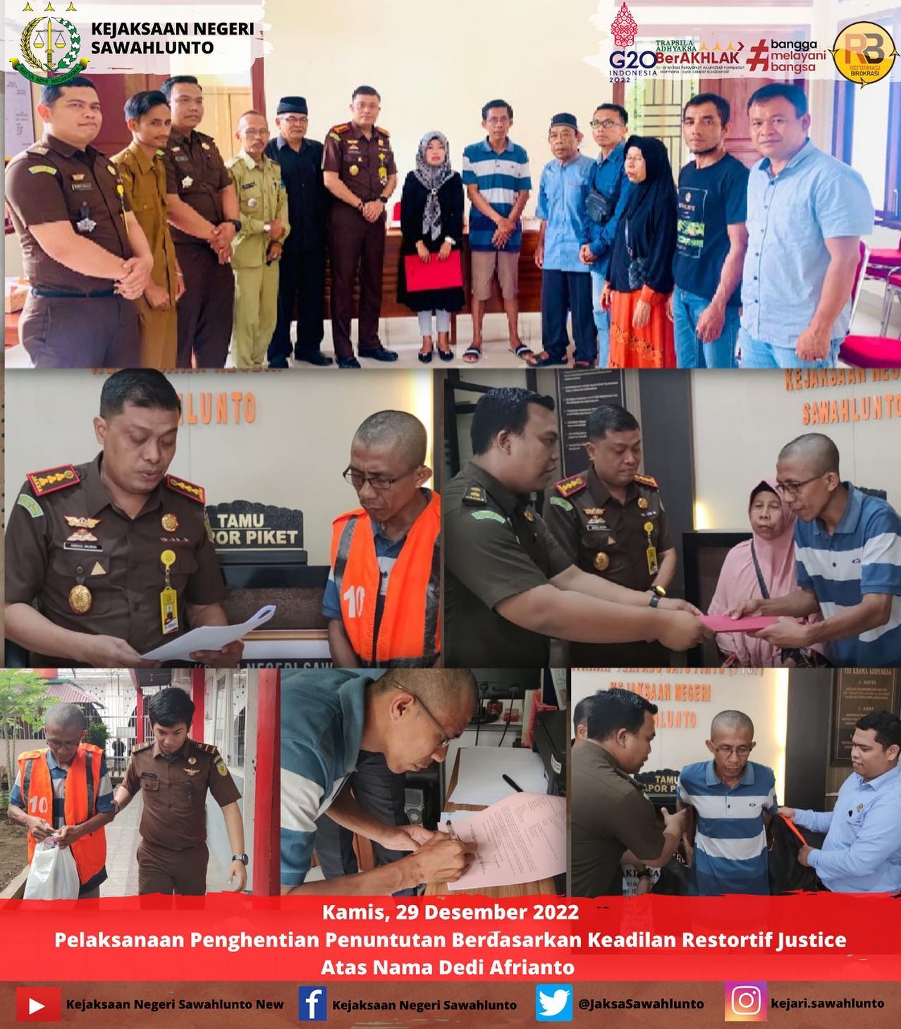 Kamis, 29 Desember 2022Pelaksanaan Penghentian Penuntutan Berdasarkan Keadilan Restortif Justice Atas Nama Dedi Afrianto melanggar pasal 351 ayat (1) KUHP. ____Update informasi anda tentang Kejaksaan Negeri Sawahlunto terbaru di official account Instagram,Facebook dan Youtube kami !!..____FACEBOOK : Kejaksaan Negeri SawahluntoYOUTUBE : Kejakaaan Negeri Sawahlunto NewTWITTER : @JaksaSawahlunto..________#KejaksaanRI#kejatisumbarnew@kejatisumbarnew#kejarisawahlunto - from Instagram