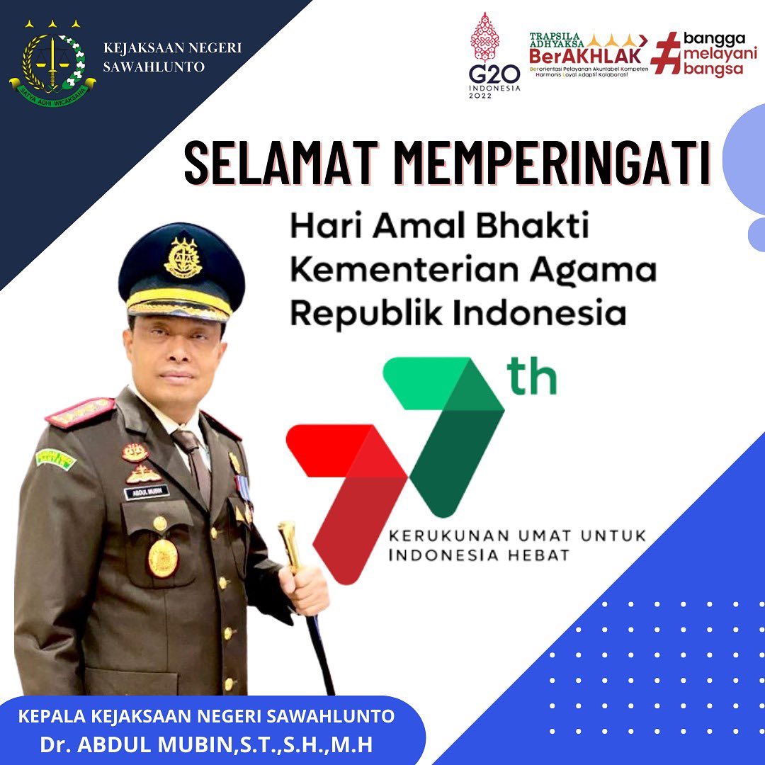Kepala Kejaksaan Negeri Sawahlunto Beserta Seluruh Jajaran Mengucapkan Selamat Hari Amal Bhakti Kementerian Agama Republik Indonesia ke 77 Tahun 2023 “Kerukunan Umat Untuk Indonesia Hebat”...____Update terus informasi anda tentang Kejaksaan Negeri Sawahlunto terbaru di official account Instagram,Facebook dan Youtube kami !!..____🌐 kejari-sawahlunto.kejaksaan.go.idFACEBOOK : Kejaksaan Negeri SawahluntoYOUTUBE : Kejakaaan Negeri Sawahlunto NewTWITTER : @JaksaSawahlunto..________#KejaksaanRI#kejatisumbarnew@kejatisumbarnew#kejarisawahlunto - from Instagram