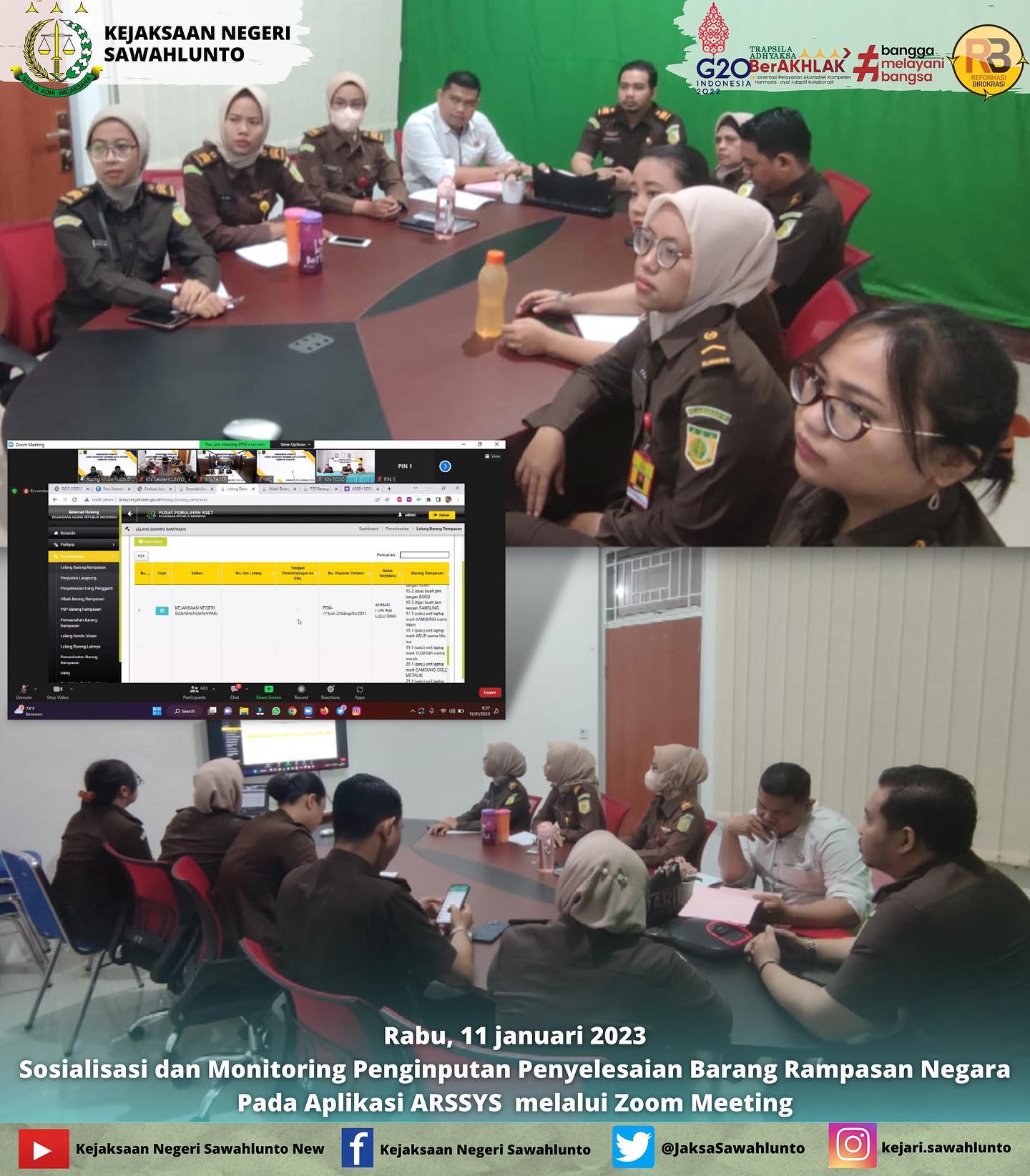 Rabu, 11 januari 2023Sosialisasi dan Monitoring Penginputan Penyelesaian Barang Rampasan Negara Pada Aplikasi ARSSYS  melalui Zoom Meeting.____Update informasi anda tentang Kejaksaan Negeri Sawahlunto terbaru di official account Instagram,Facebook dan Youtube kami !!..____FACEBOOK : Kejaksaan Negeri SawahluntoYOUTUBE : Kejakaaan Negeri Sawahlunto NewTWITTER : @JaksaSawahlunto..________#KejaksaanRI#kejatisumbarnew@kejatisumbarnew#kejarisawahlunto - from Instagram