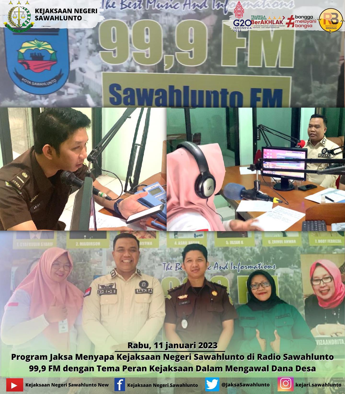 Rabu, 11 januari 2023Program Jaksa Menyapa Kejaksaan Negeri Sawahlunto dengan Tema Peran Kejaksaan Dalam Mengawal Dana Desa oleh Kasi Intelijen Bapak Dede Mauladi,S.H dan Kasubsi A Arief  Hidayat,SH di Radio Sawahlunto 99,9 FM____Update informasi anda tentang Kejaksaan Negeri Sawahlunto terbaru di official account Instagram,Facebook dan Youtube kami !!..____FACEBOOK : Kejaksaan Negeri SawahluntoYOUTUBE : Kejakaaan Negeri Sawahlunto NewTWITTER : @JaksaSawahlunto..________#KejaksaanRI#kejatisumbarnew@kejatisumbarnew#kejarisawahlunto - from Instagram